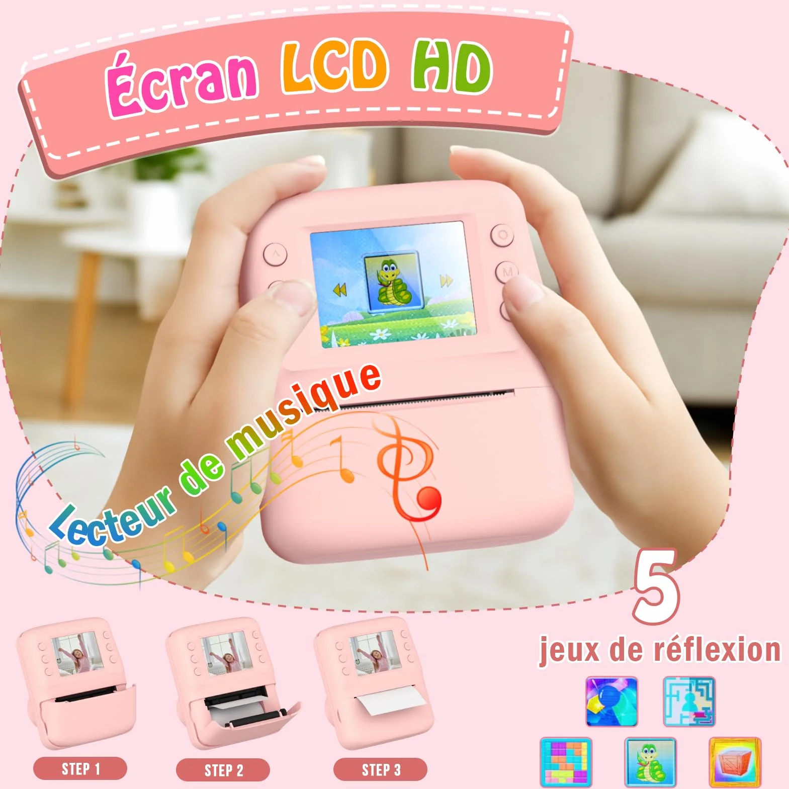 Appareil Photo Instantané Enfant avec Papier d'Impression & Carte 32GB, Écran 2.4'' HD, Vidéo 1080P, Selfie & Jeux