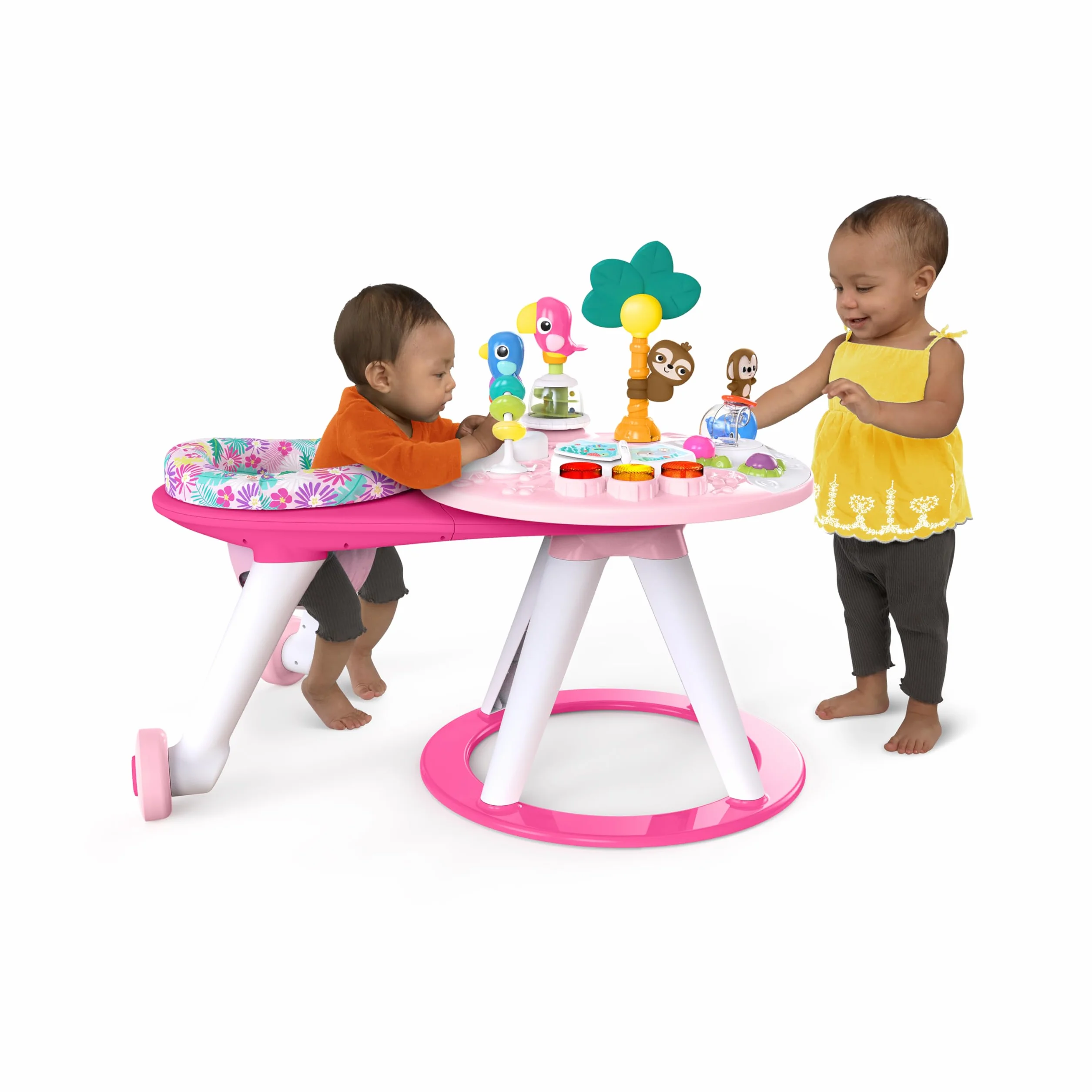 Bright Starts Table et Siège Tournant Centre d'Activités 2 en 1 Around We Go avec Sons et Lumières 10 Jouets Trotteur Musical Rose 6 Mois+