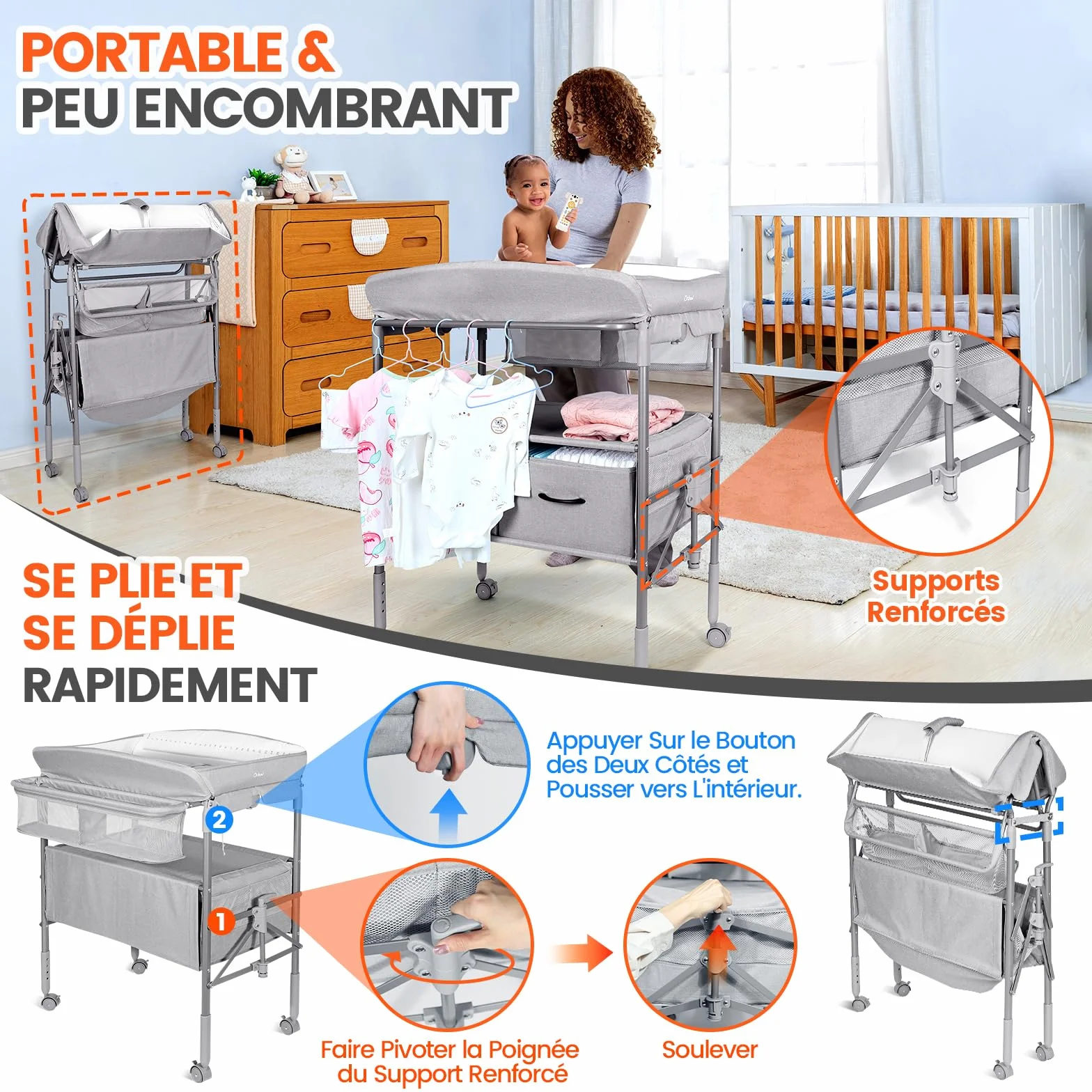 Table à Langer Bébé Pliable avec Tiroir et Veilleuse, Hauteur Réglable, Gris