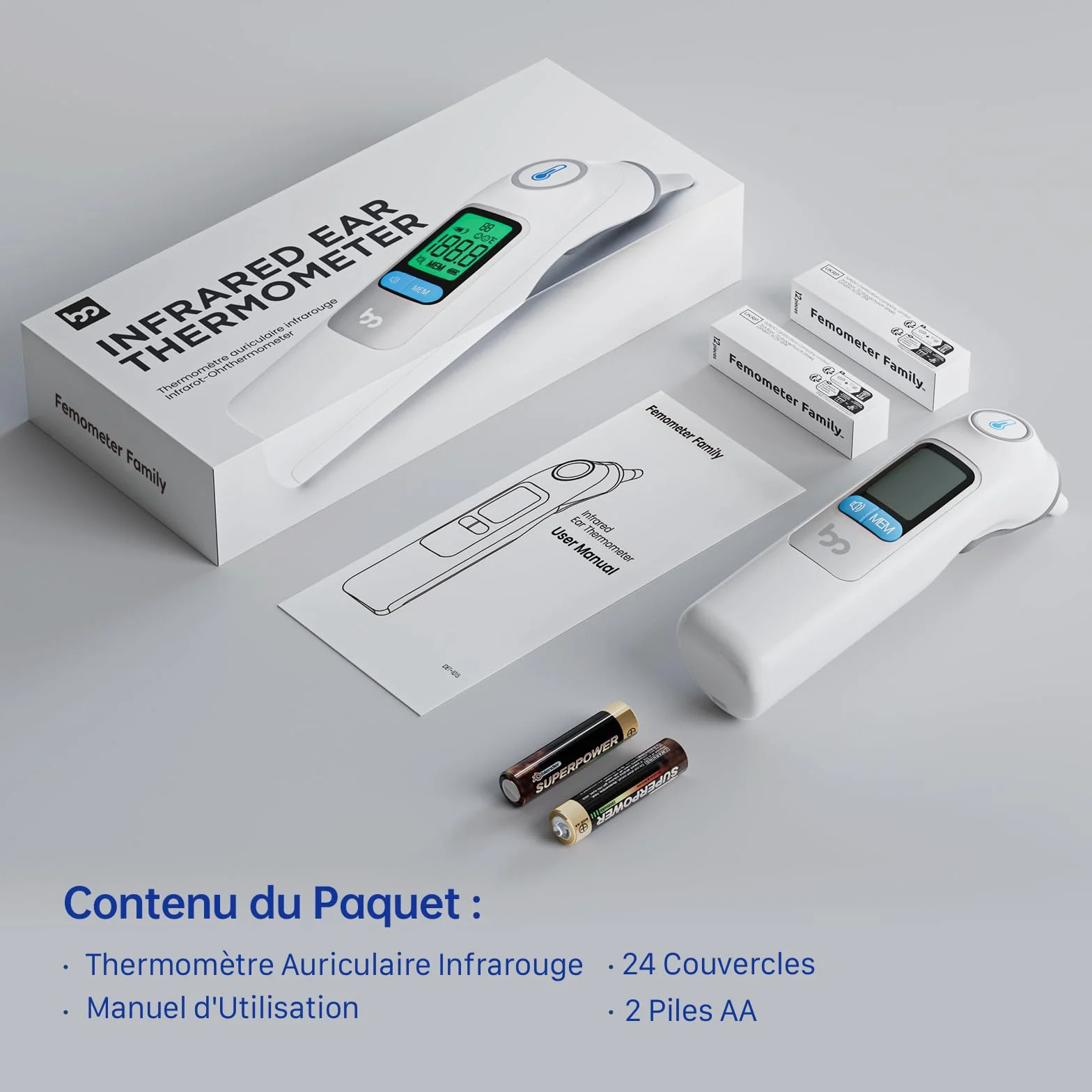 Thermomètre Auriculaire Professionnel avec Code d'Alerte Fièvre 3 Couleurs, Mode Silencieux, 24 Couvre-Sondes Jetables