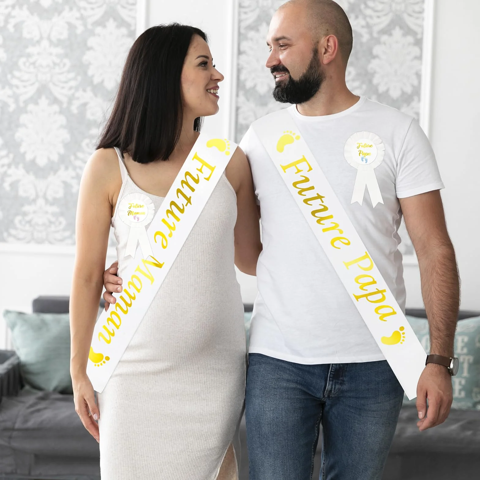 Écharpe Future Maman et Papa avec Épingle, Décoration Baby Shower Cadeau pour Futurs Parents