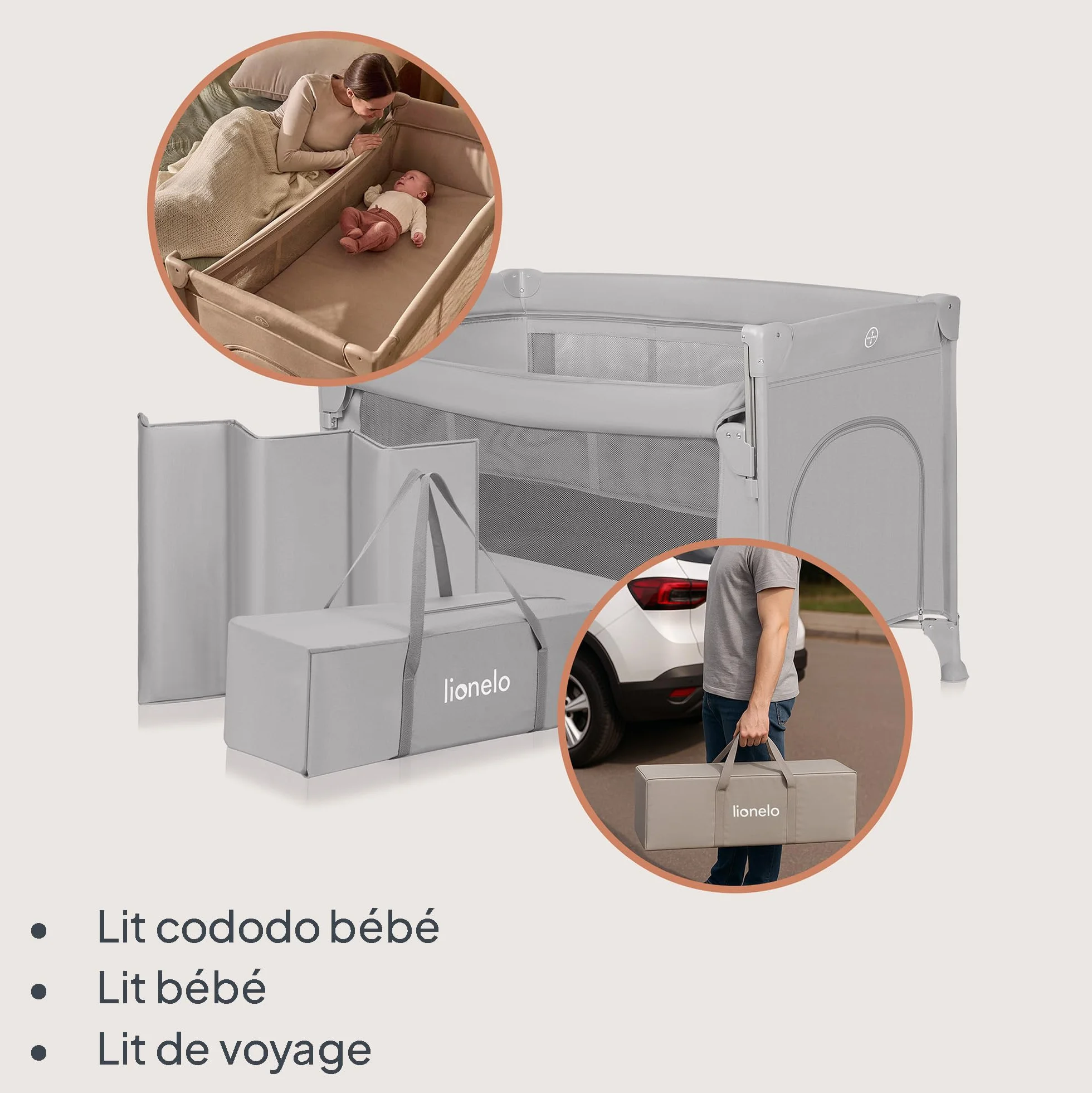 LIONELO ELLEN Lit de Voyage 3 en 1 Cododo 0-3 Ans 15 kg 2 Hauteurs Matelas Gris
