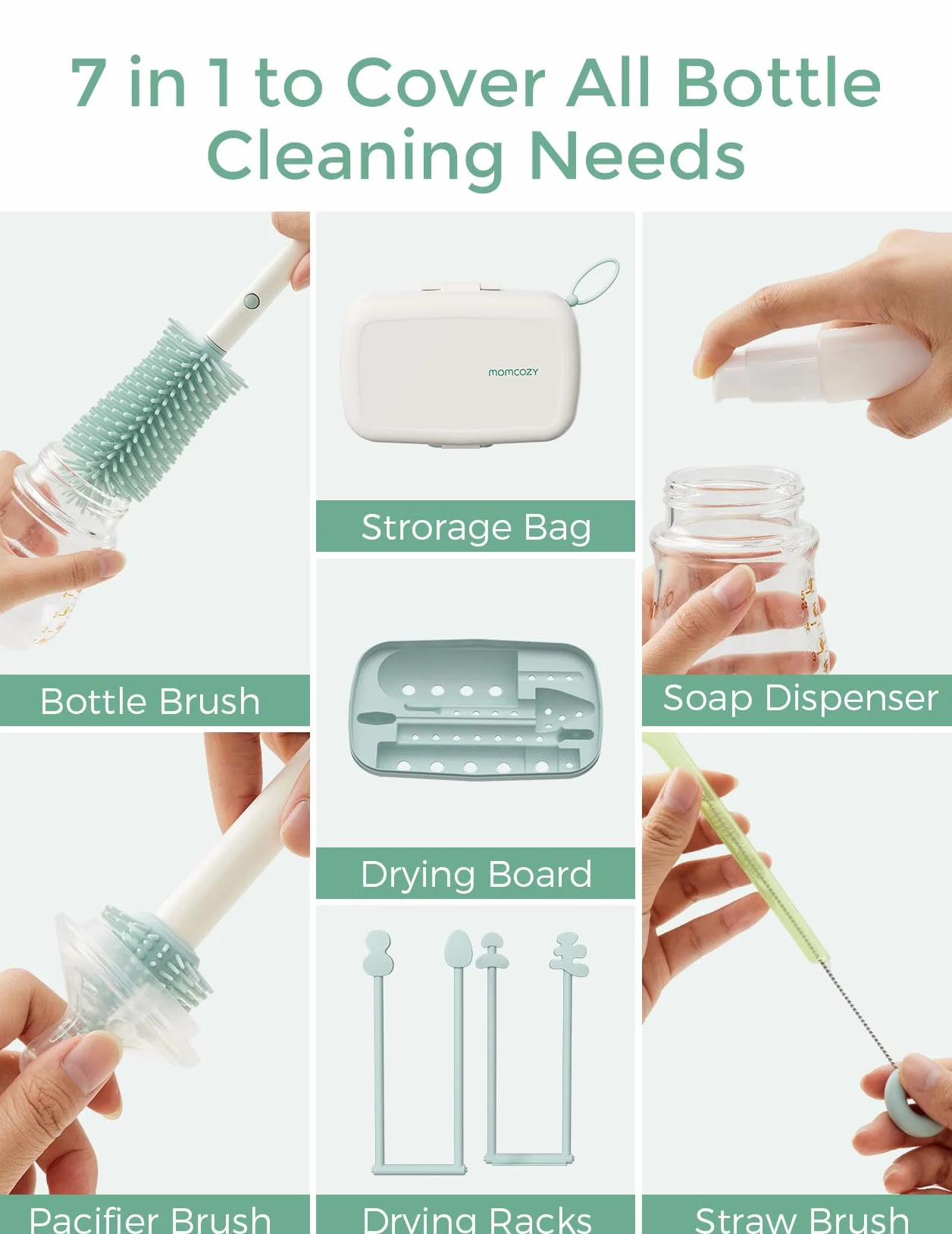 Momcozy Kit Nettoyage Biberon Silicone avec Brosse Tétine Écouvillon Boîte Rangement Support Séchage
