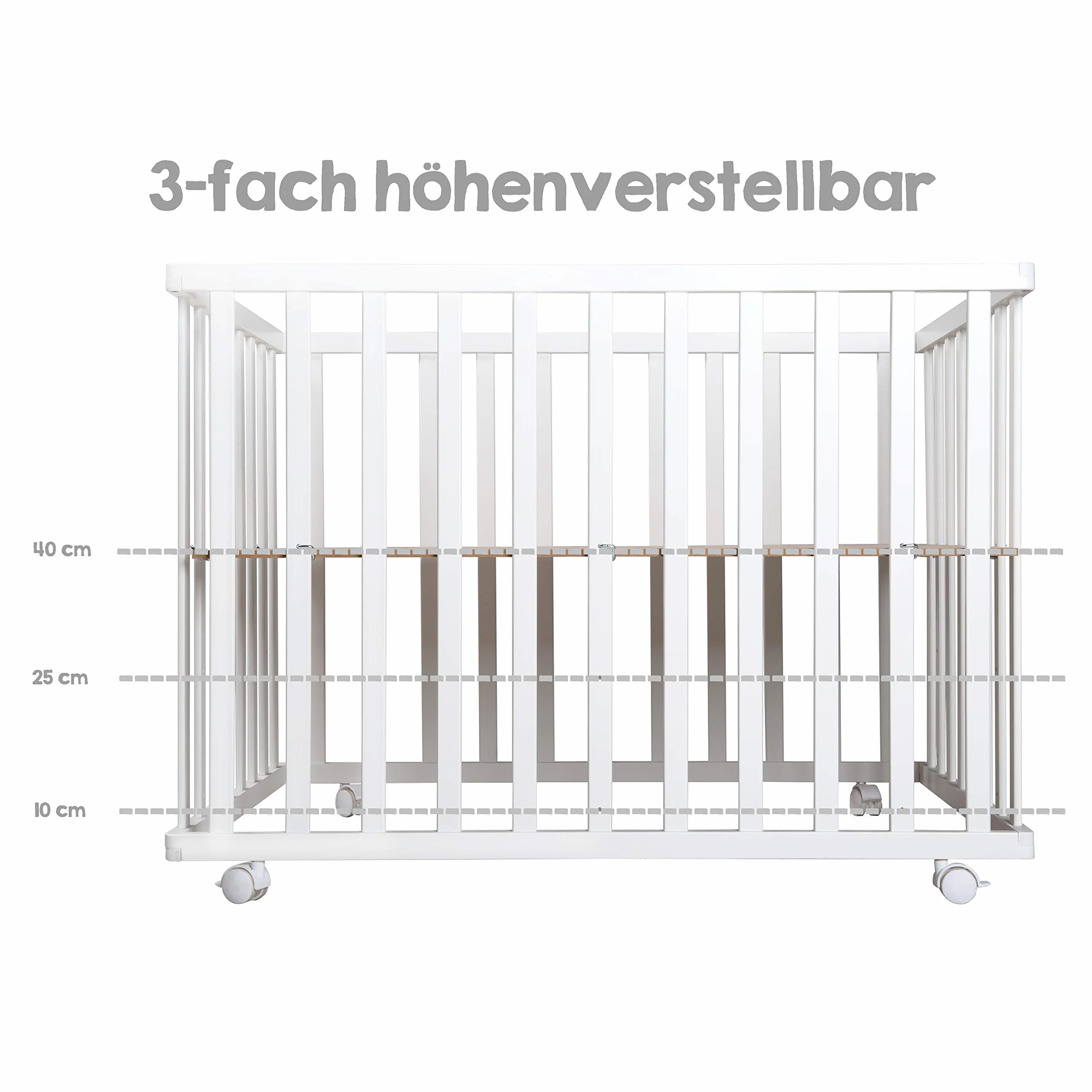roba Parc Bébé en Bois 75 x 100 cm + Tapis Gris - Base Ajustable 3 Niveaux - Roulettes Freins - Laqué Blanc