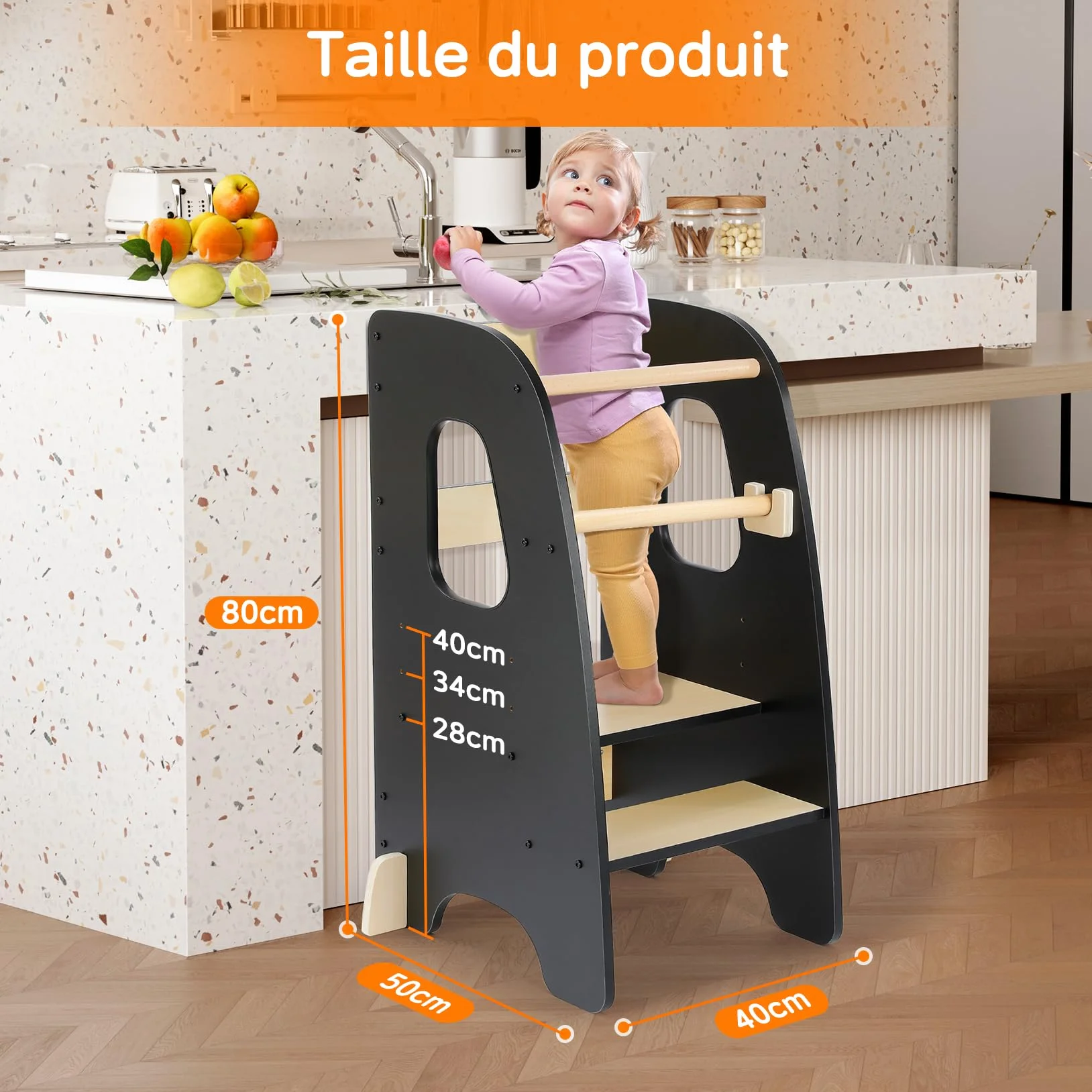 Tour d'apprentissage Montessori pour Enfants en Bois Noir 3 Hauteurs Réglables