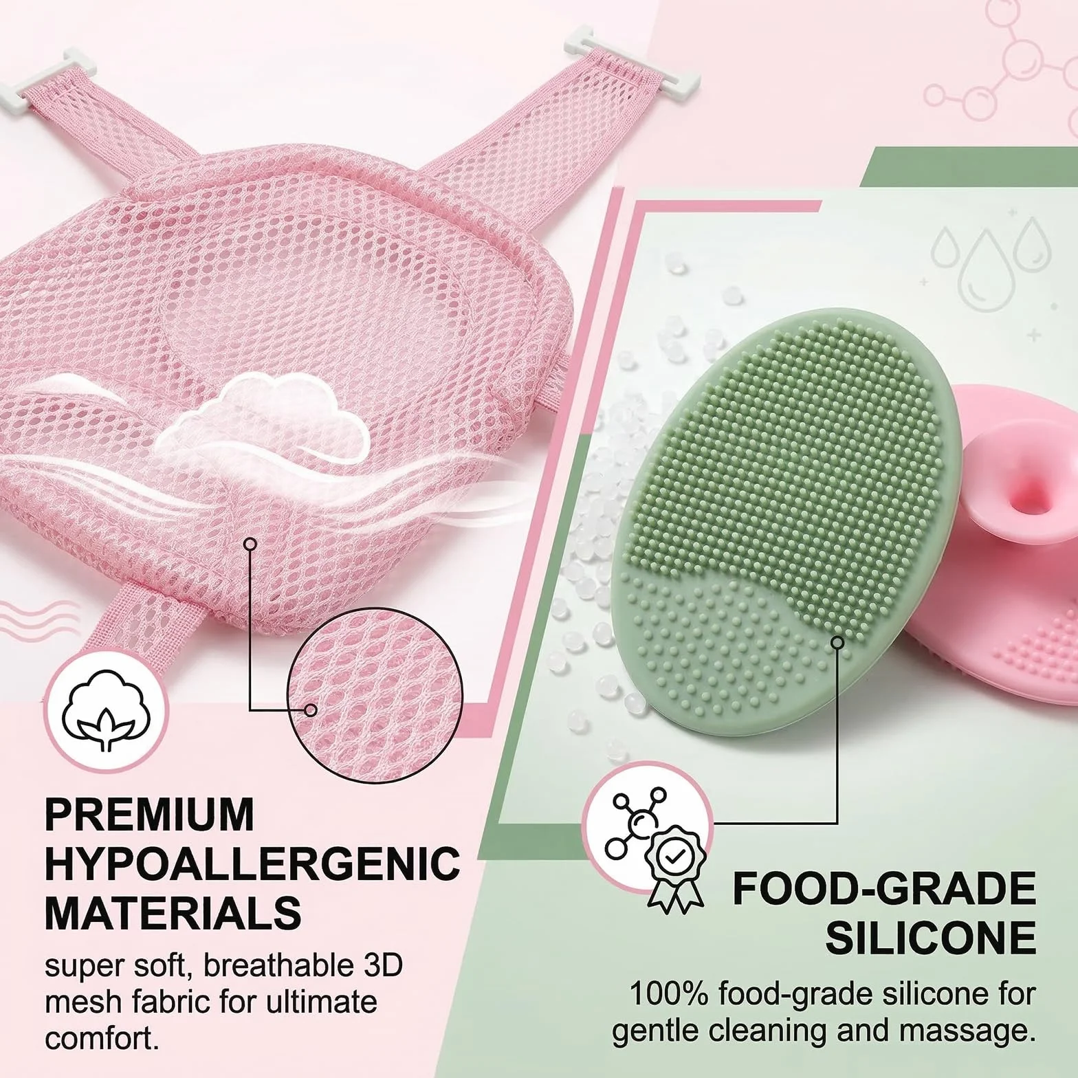 Hamac de Bain Antidérapant pour Bébé Pliable et Portable avec Deux Brosses à Shampooing (Rose)