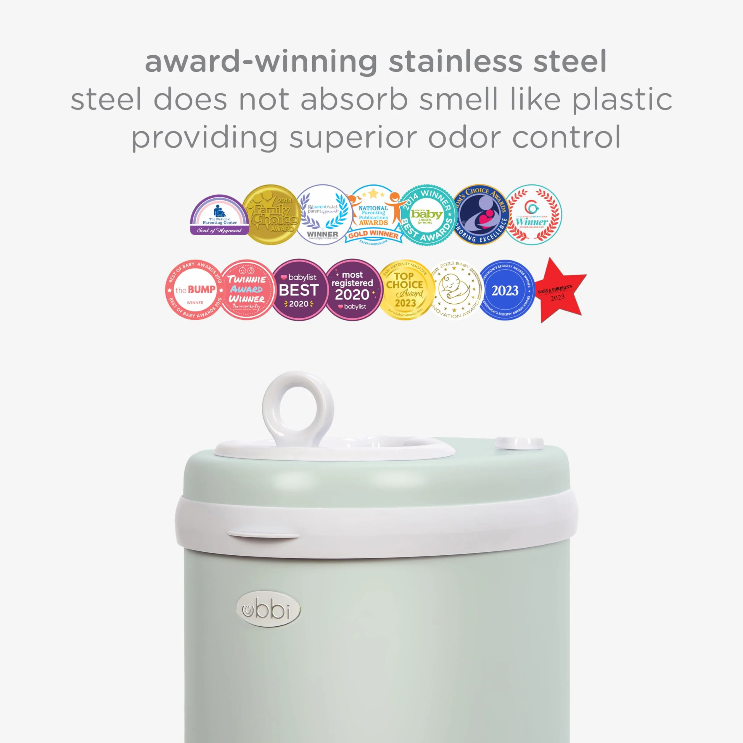 Ubbi Steel Odor Locking Nappy Disposal Bin, No Special Bag Required, Diaper Pail, Sage Green