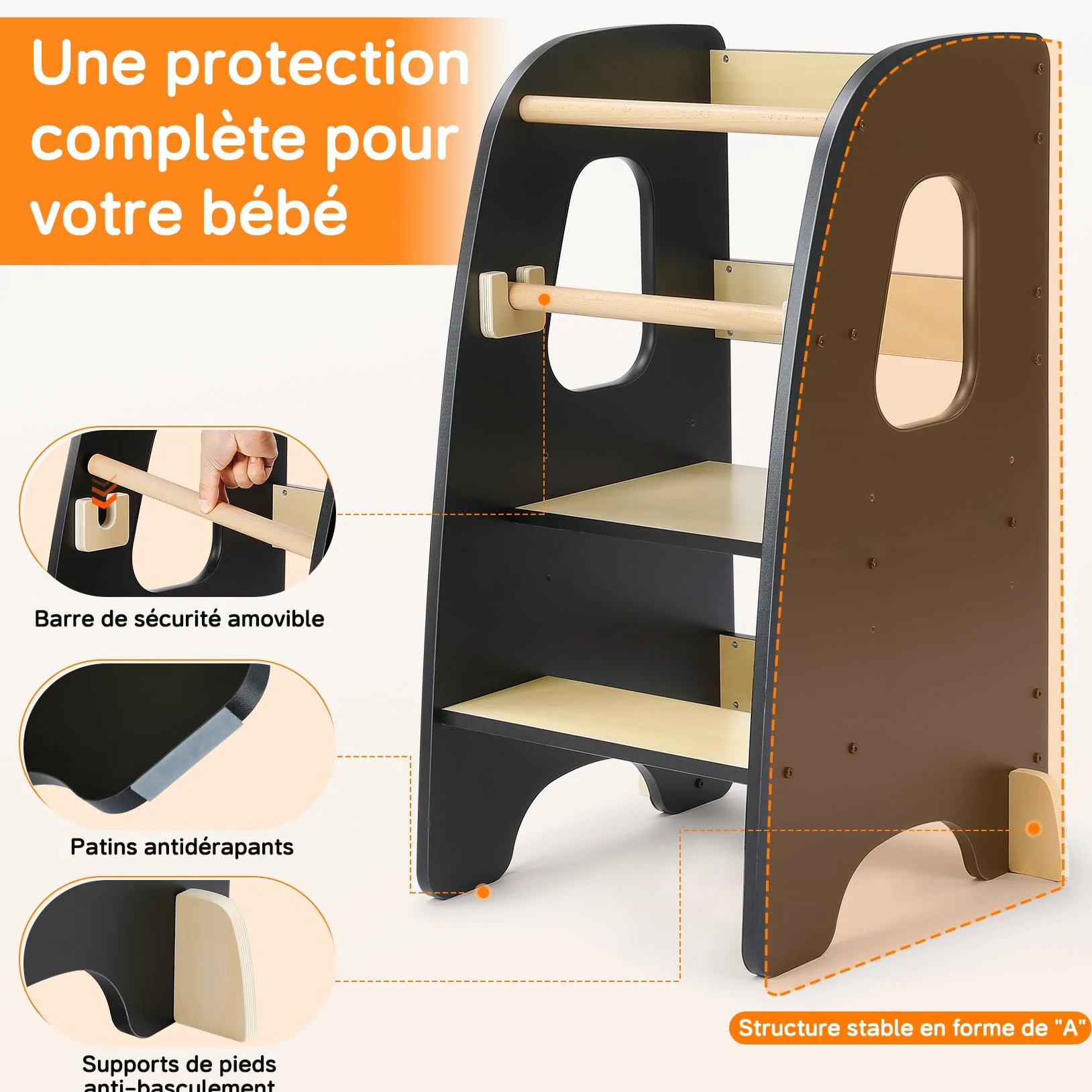 Tour d'apprentissage Montessori pour Enfants en Bois Noir 3 Hauteurs Réglables
