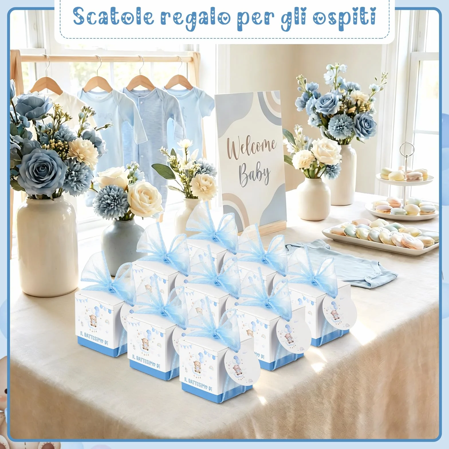 Jadive Boîtes à Dragées Baptême Personnalisables Étiquettes Ruban Cadeau Ours Arc-En-Ciel Bleu clair