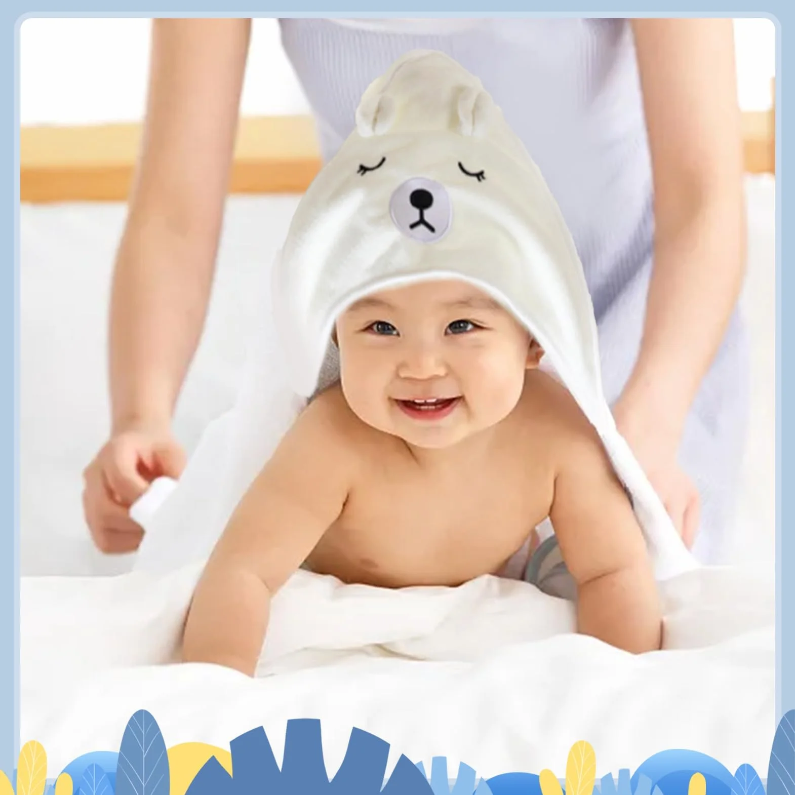 Serviette de Bain Capuche Bébé 80 x 80 cm Bleu et Blanc Design Animal