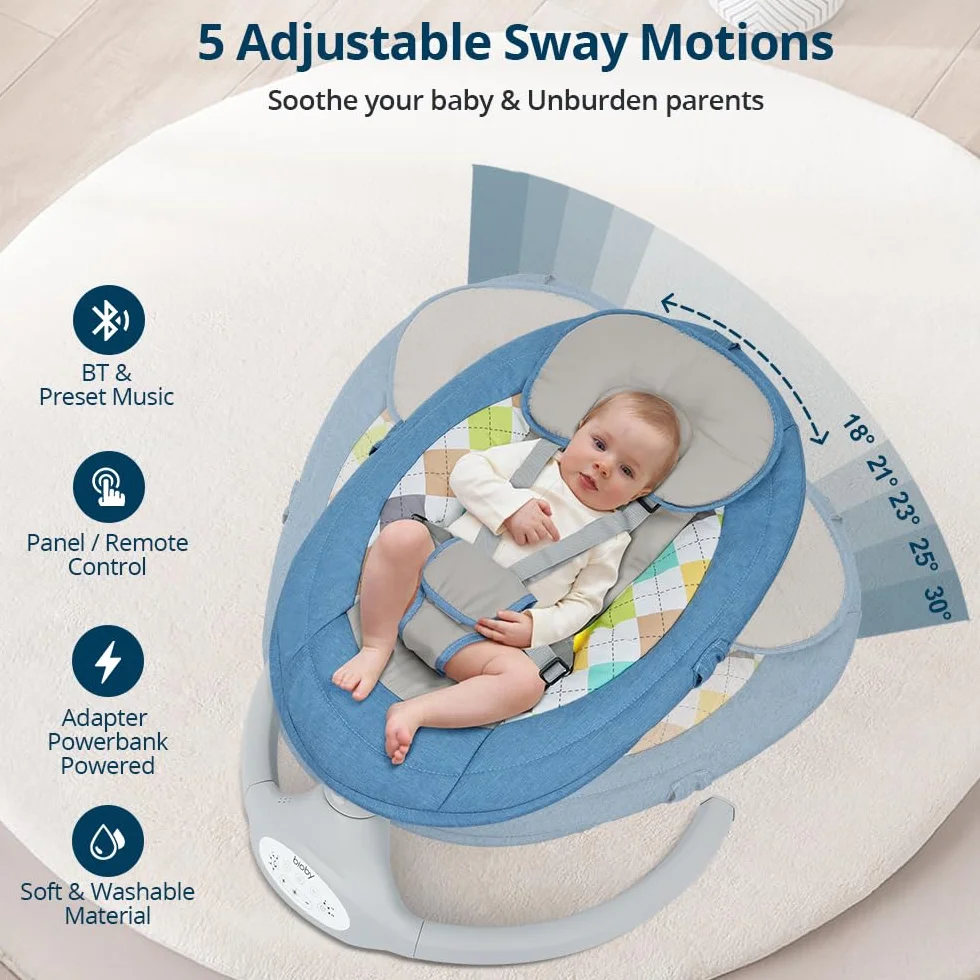 Bioby Balancelle Bebe Electrique Transat Bebe Harnais 5 Points 5 Modes Balancement Pliable Bluetooth Telecommande Bleu