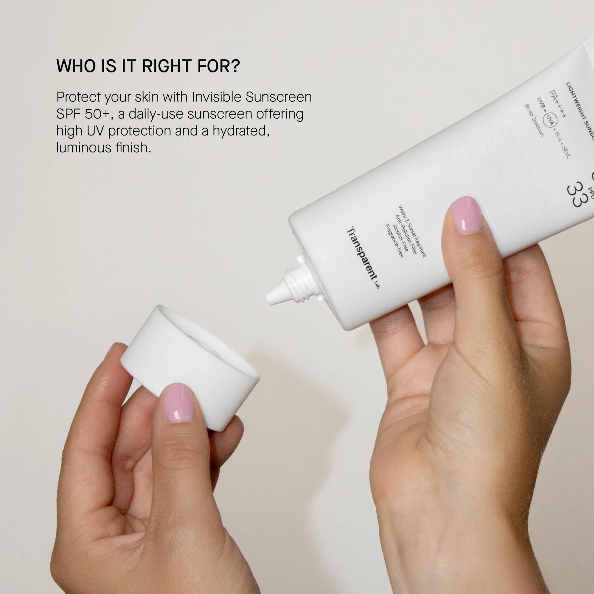 Transparent Lab Invisible Sunscreen SPF50+ 100 ml Crème solaire visage haute protection UVA/UVB lumière bleue Vitamine C Céramides Vitamine E texture sèche sans traces blanches