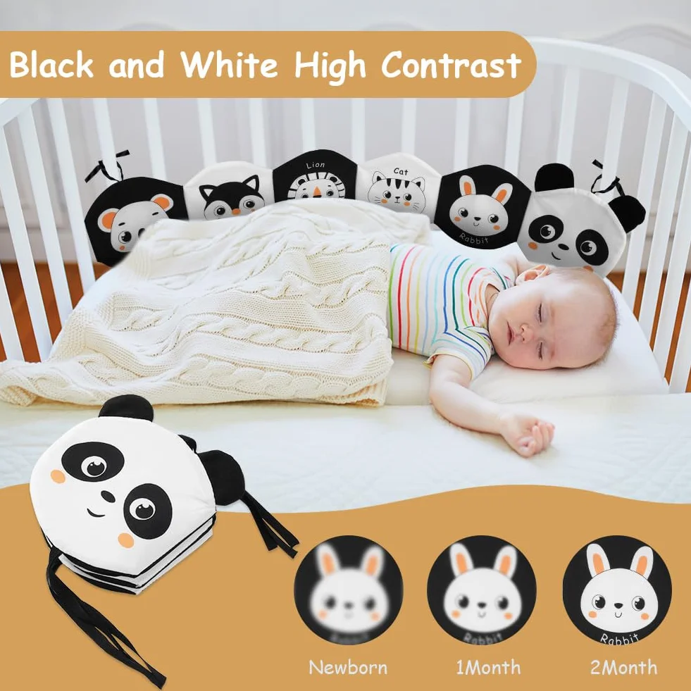 HOTUT Livre Tissu Bébé Eveil, Livre Doux Froissé 3D Noir et Blanc Montessori, Sensoriel 6-12 Mois, Cadeau Naissance Garçon Fille Double Face