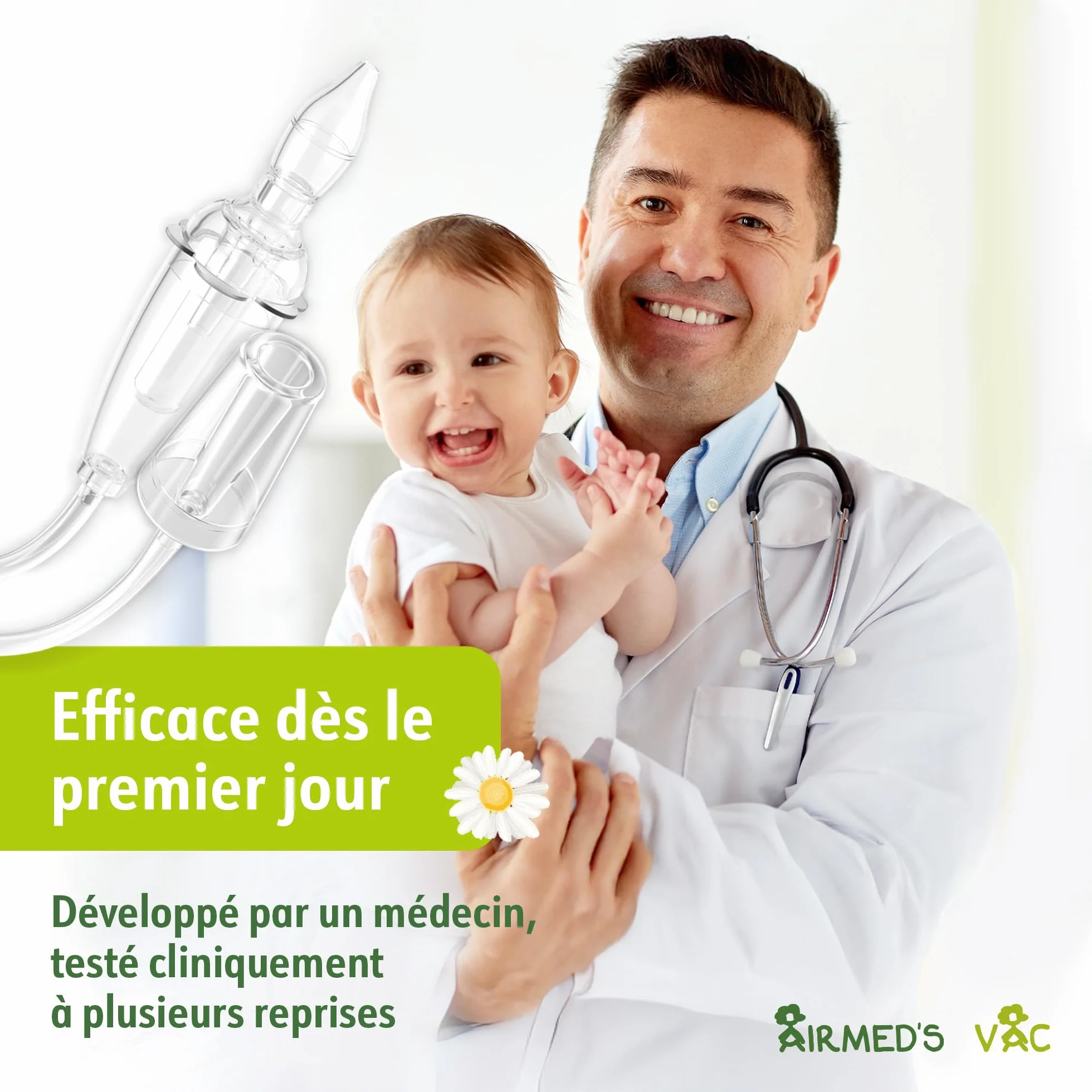 Airmed's Aspirateur Nasal Bébé - Testé Cliniquement, Sûr et Doux - Nez Dégagé en 3 Secondes - 2 Embouts + Brosse