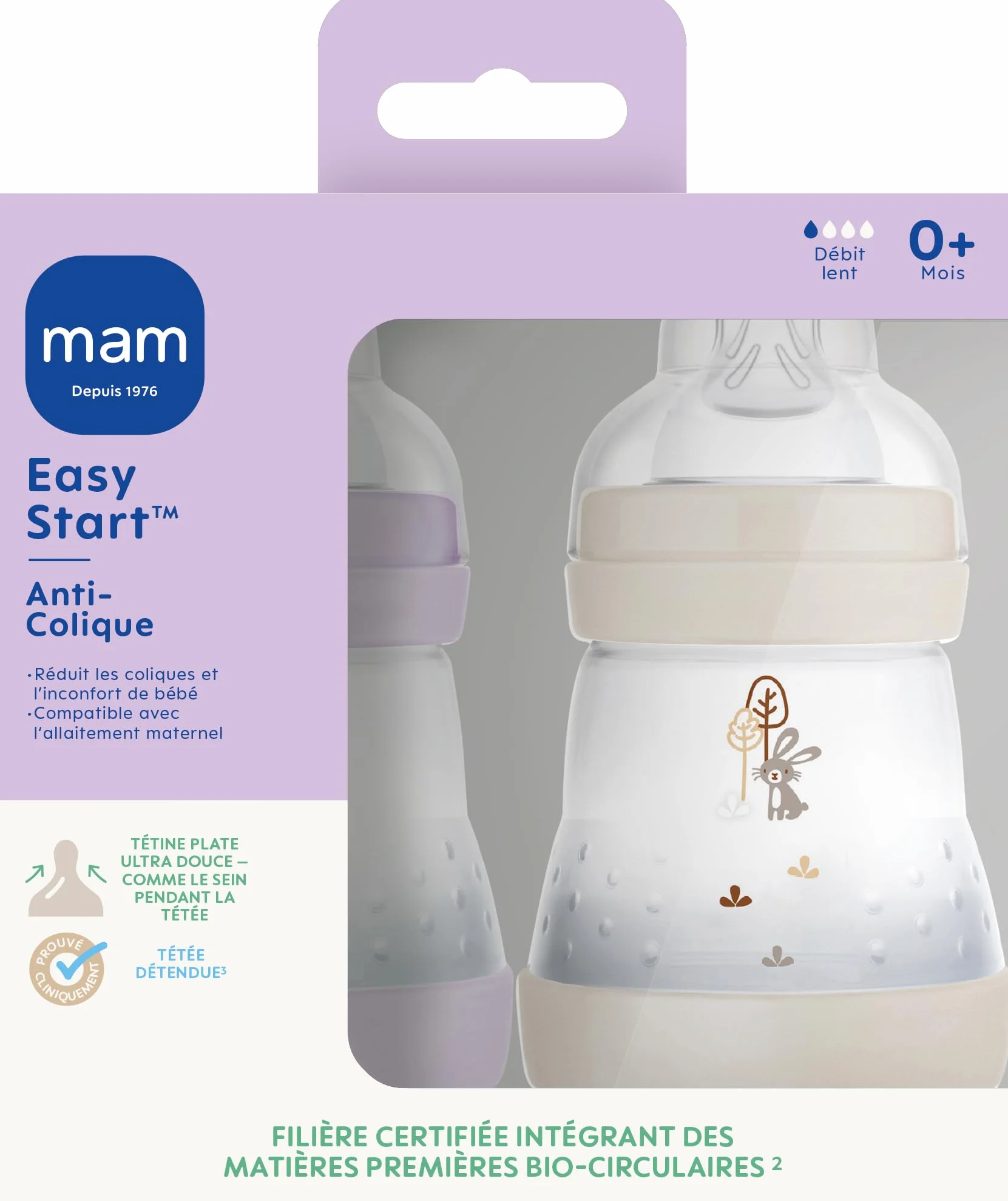 Lot de 2 biberons Easy Start Anti-Colique 0+ mois 160 ml Lilas + Sable pour bébé compatible allaitement