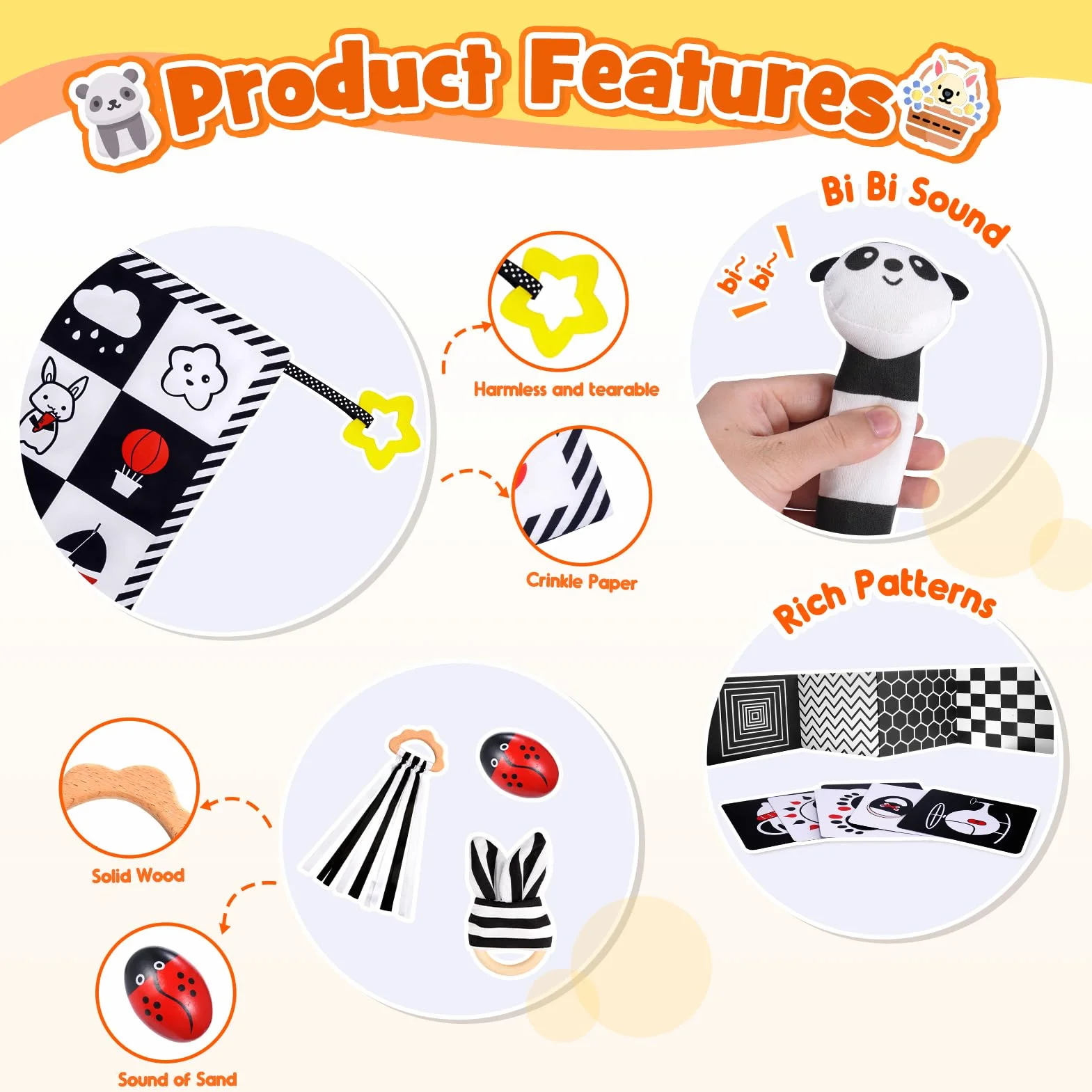 HappyKidsClub Livre Carte Montessori Sensoriel Tissu Noir Blanc Bebe 0-12 Mois Jouets d'éveil