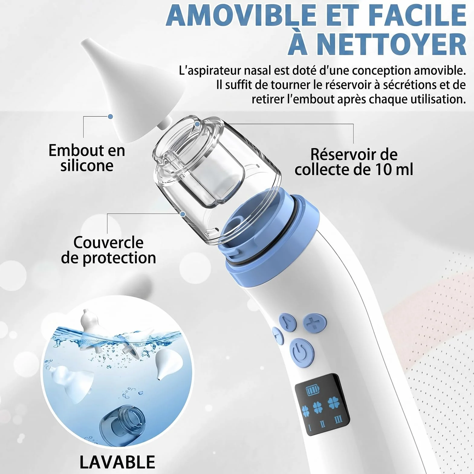 Aspirateur Nasal Électrique Bébé Rechargeable 3 Niveaux d'Aspiration 2 Embouts Musique Lumière Douce