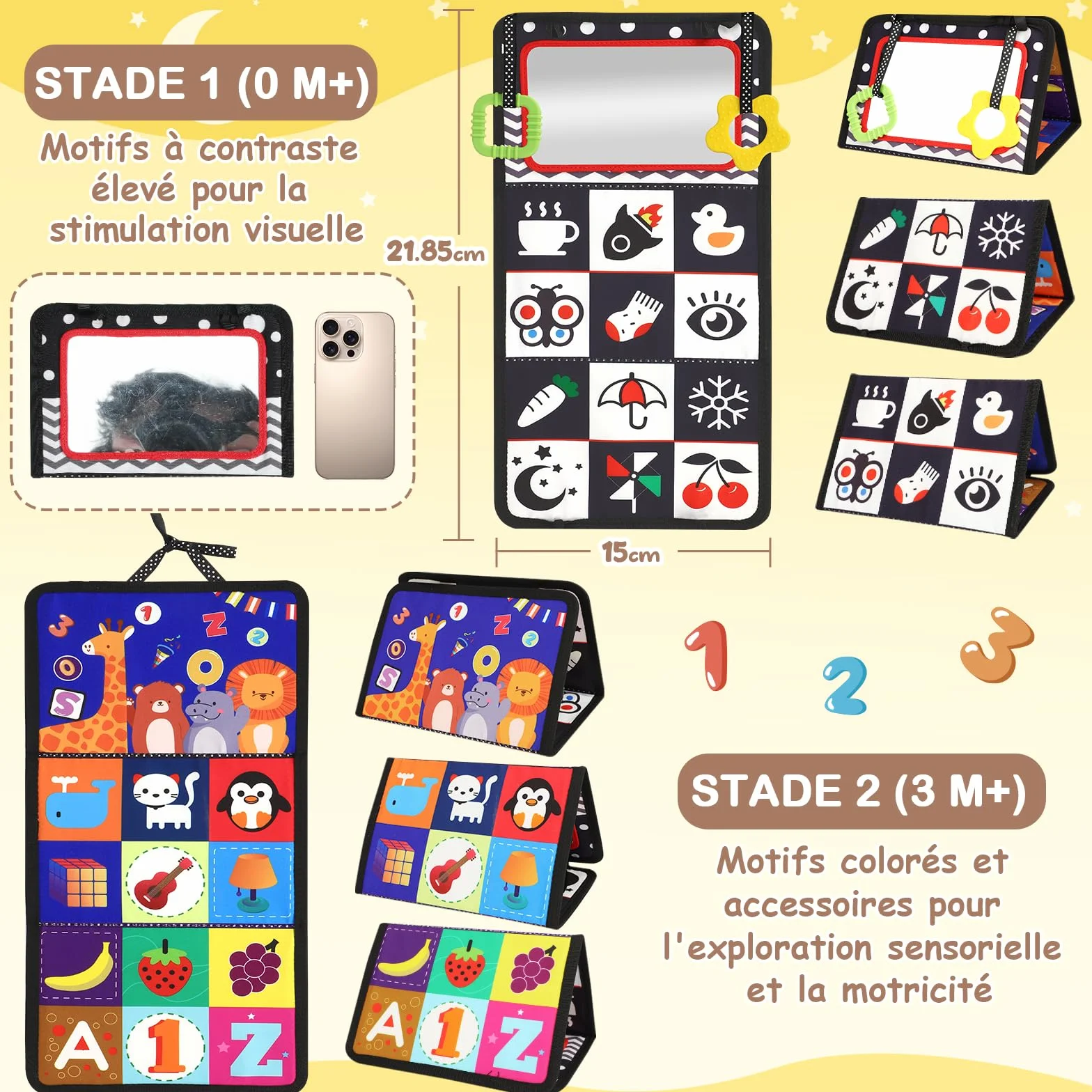 URMYWO Jouet Bebe 0-12 Mois Miroir d'Éveil Pliable Montessori Noir et Blanc à Motifs Contrastés