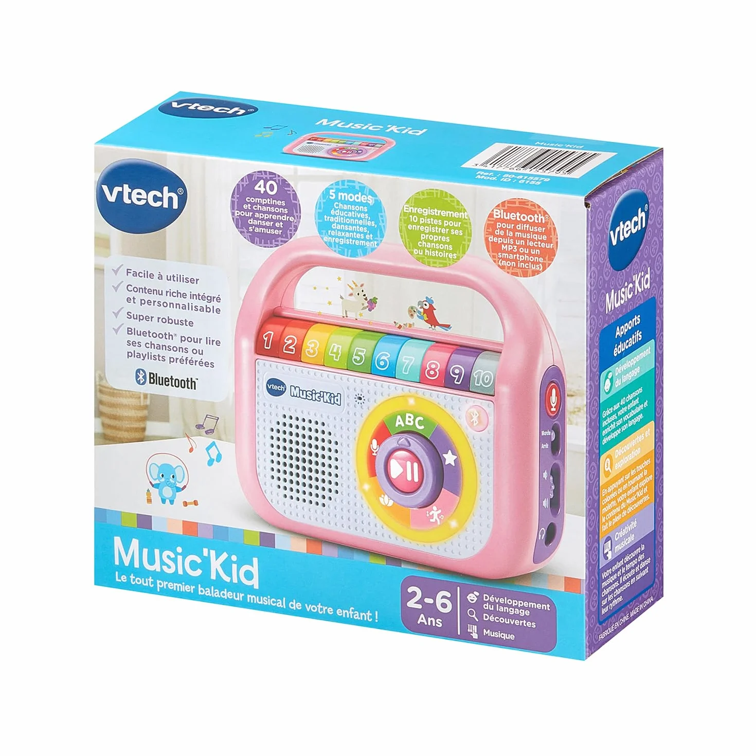 VTech Music'Kid Rose Baladeur Musical Enfant Enceinte Bluetooth Lumineuse Comptines Chansons Éducatives Enregistreur Vocal Cadeau 2 Ans Français