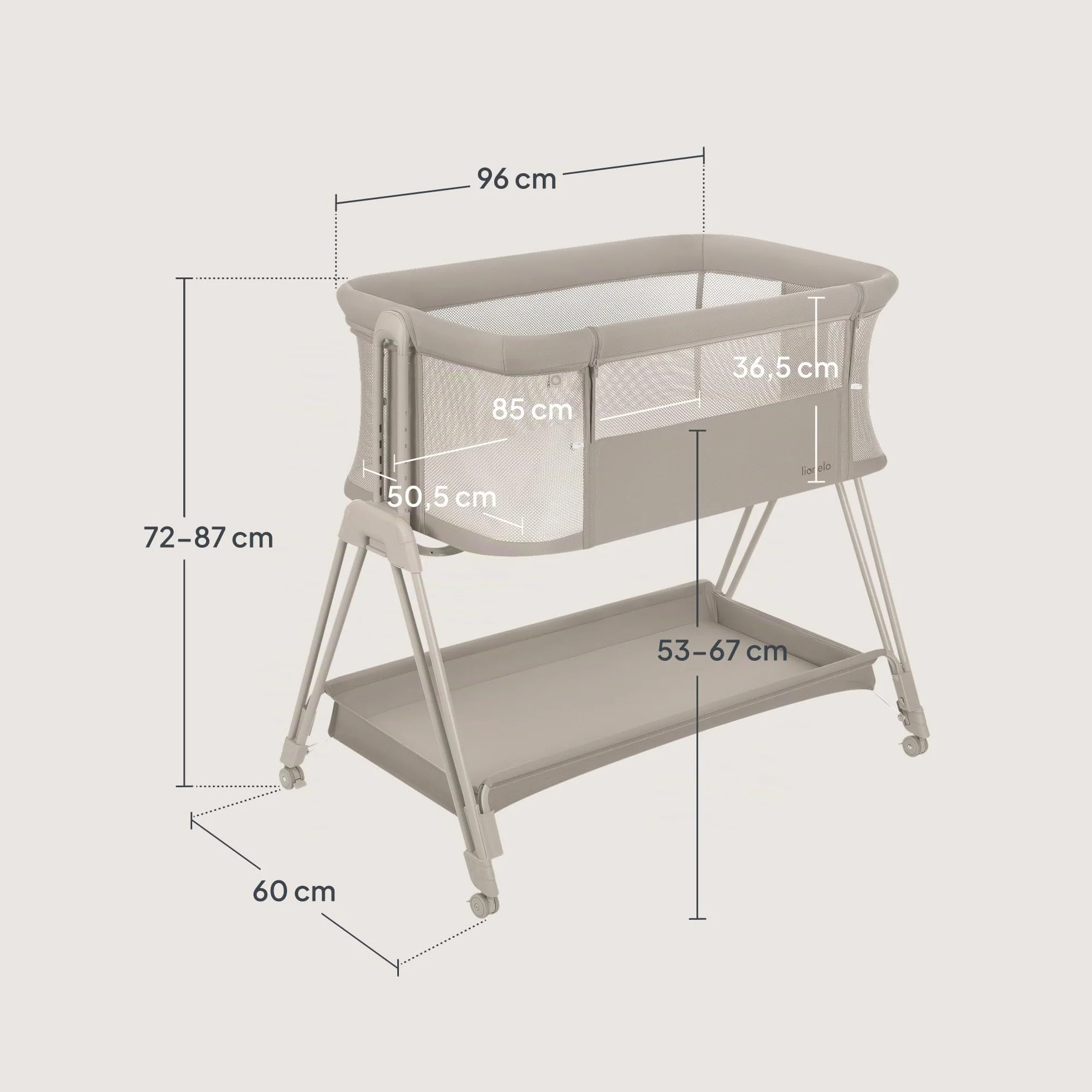 Lionelo Luna Lit Bebe Indépendant Cododo avec Matelas Co-Sleeping Nouveau-né 9 kg Hauteur Inclinaison Réglables 4 Roues Blocage Fixation Lit Parents Aéré Beige