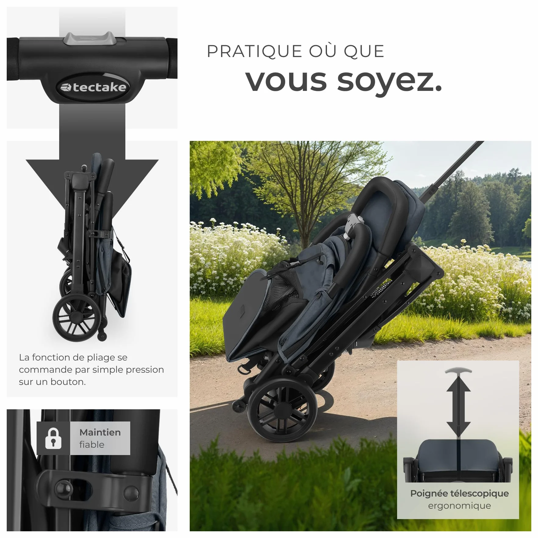 Tectake Poussette compacte pliable 0-36 mois avec panier rangement harnais 5 points légère voyage bébé