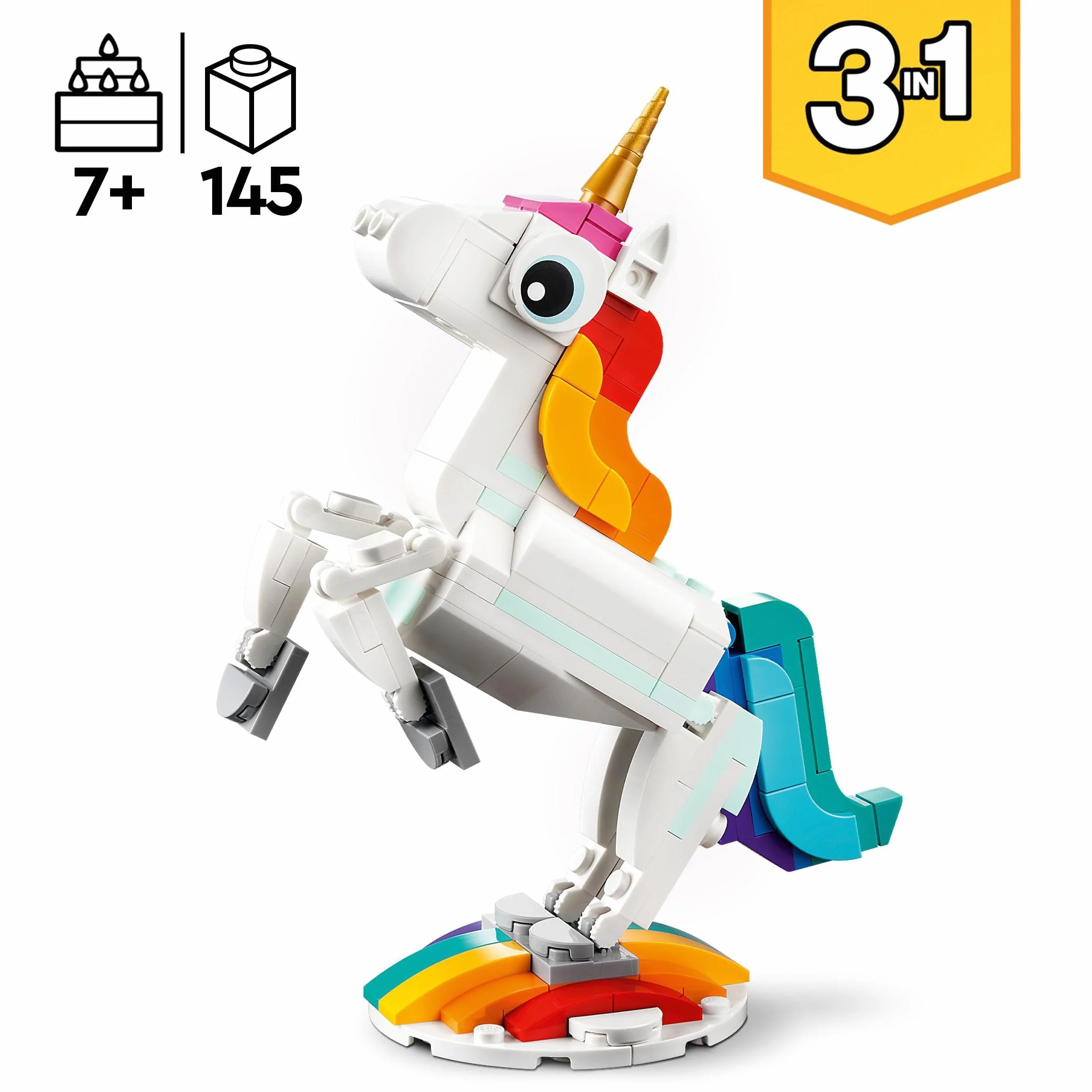 LEGO Creator 3-en-1 La Licorne Magique 31140 Jouet de Construction Figurine Animal Transformable Hippocampe Paon Cadeau 7 Ans