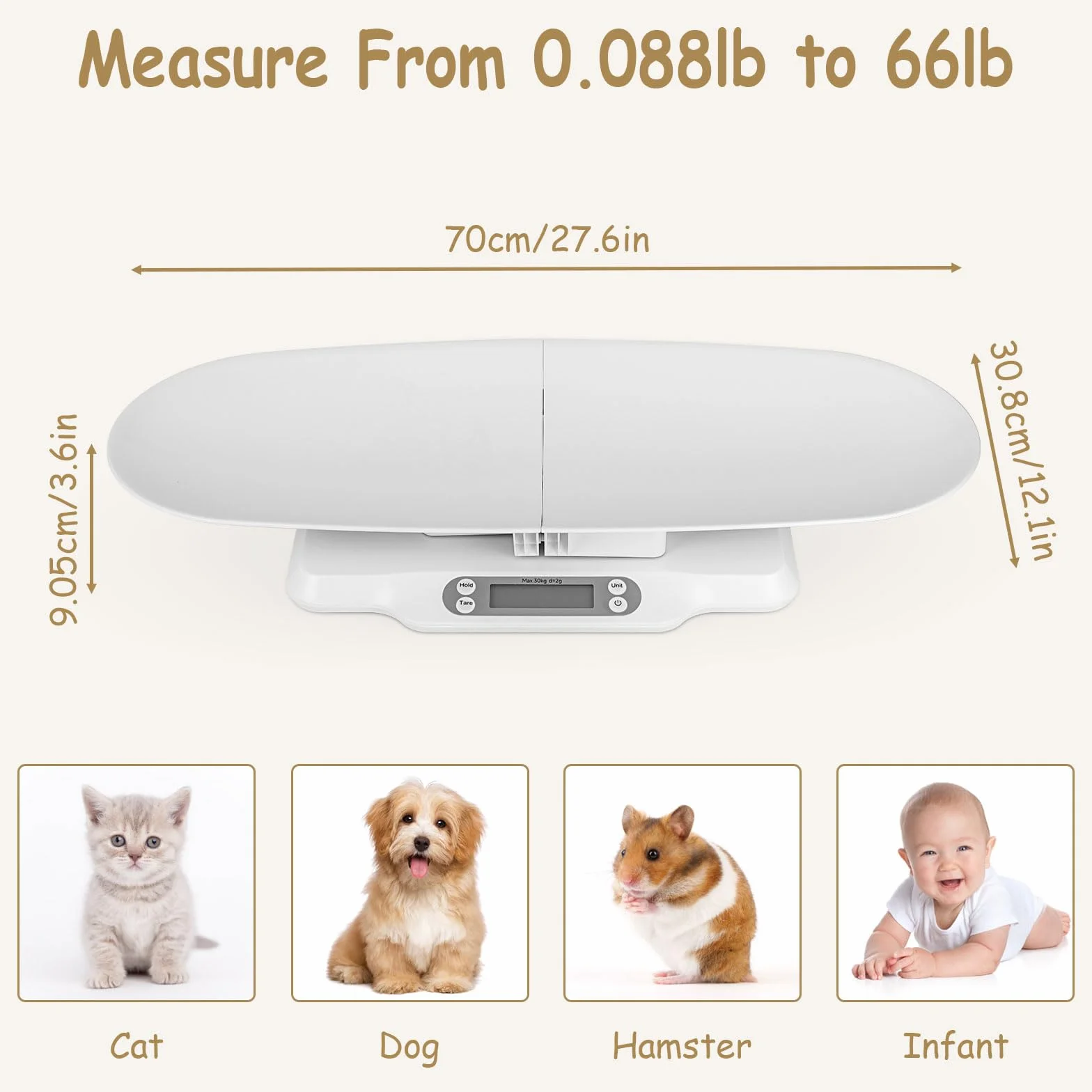 Balance numérique pour animaux avec bol amovible - Pèse-bébé précis - Écran LCD - Fonction tare - Jusqu'à 30 kg