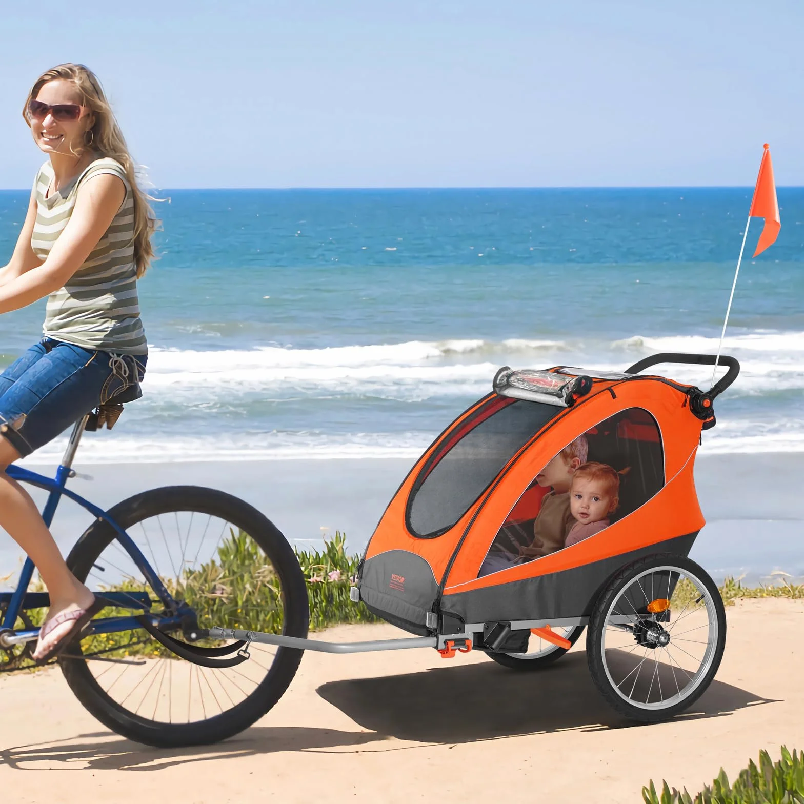 VEVOR Remorque de vélo pour Enfants Double Siège 55 kg 2en1 Pliable Poussette Orange Gris