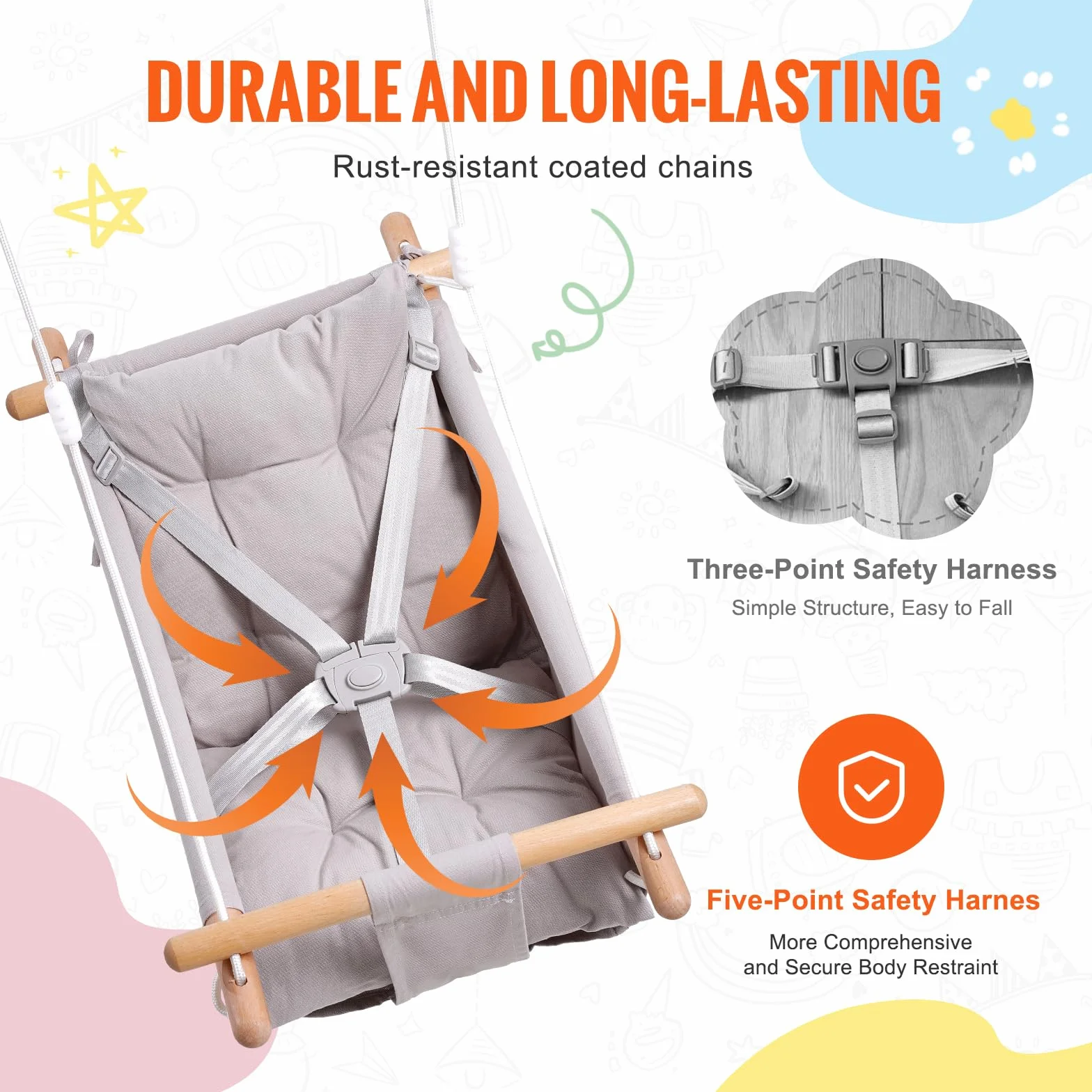 VEVOR Balançoire Hamac Bébé 3 Modes, 68 kg, Harnais 5 Points, Intérieur Extérieur