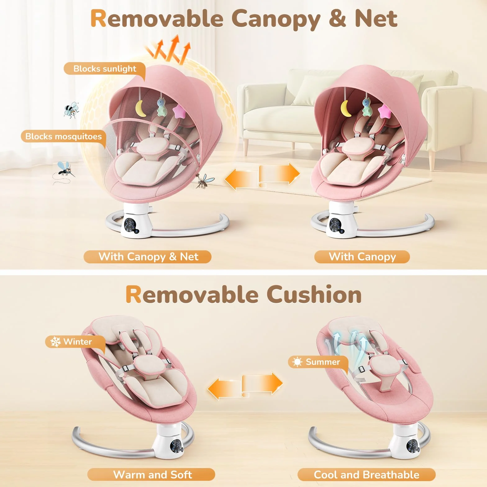 Balançoire Électrique pour Bébé Transat avec Dossier Réglable 2 Niveaux, Bluetooth, 12 Sons, Télécommande, 2 Alimentations (Rosa)