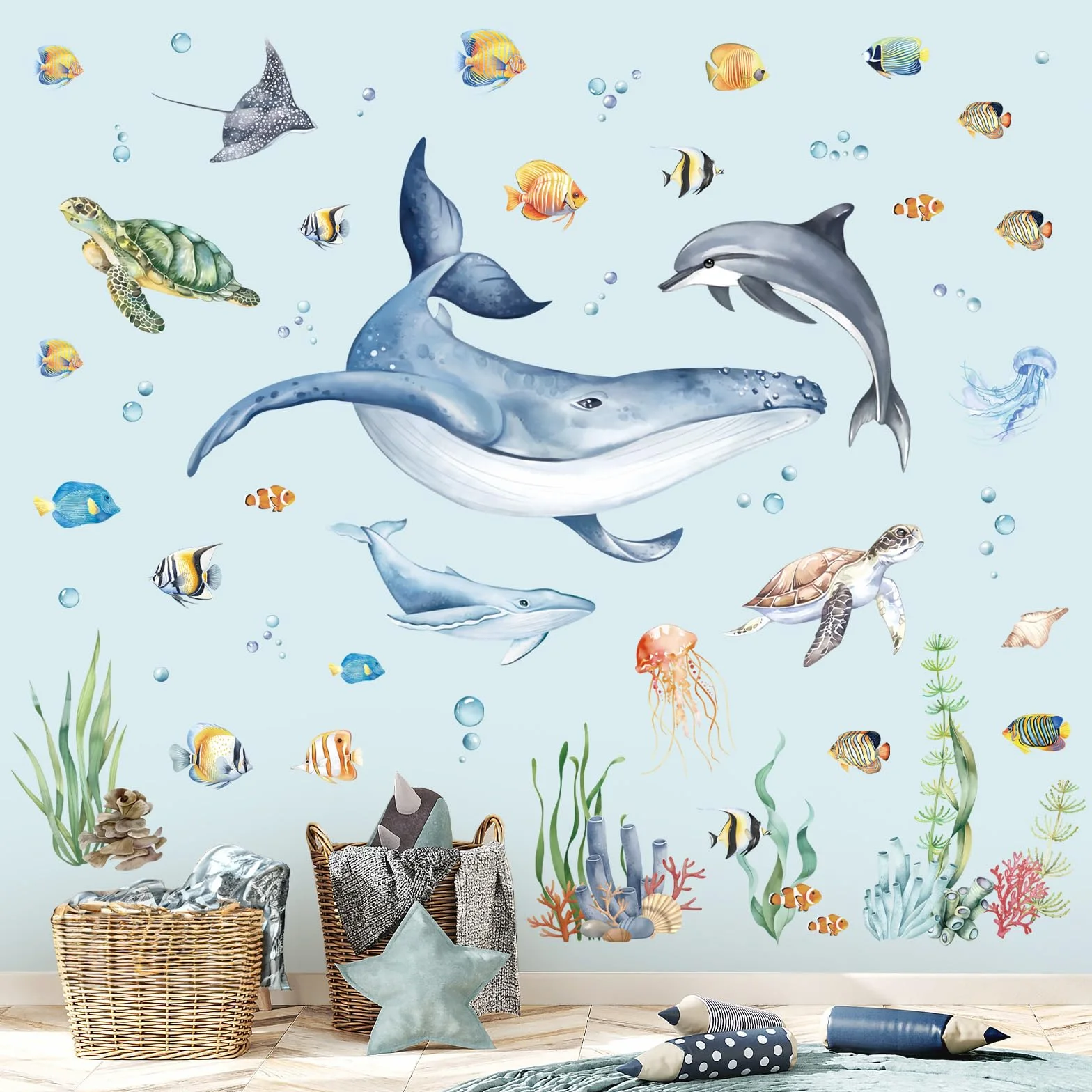 Decalmile Stickers Muraux Sous la Mer Poisson Autocollant Mural Océan Baleines Dauphin Décoration Murale Bébé