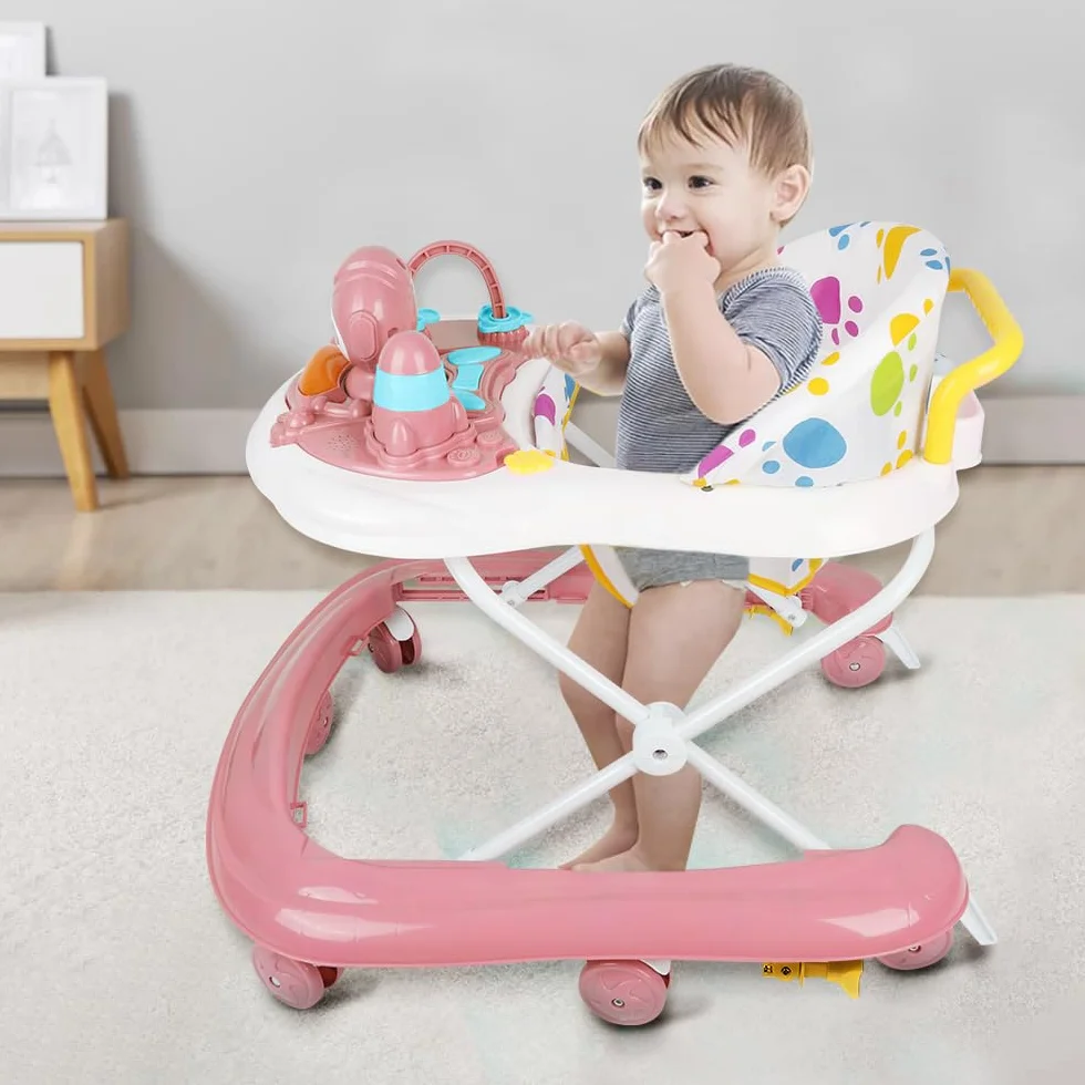 Trotteur Bébé 2en1 Hauteur Réglable avec Musique, 8 Roues, Auvent, 62x68x36-81cm Rose