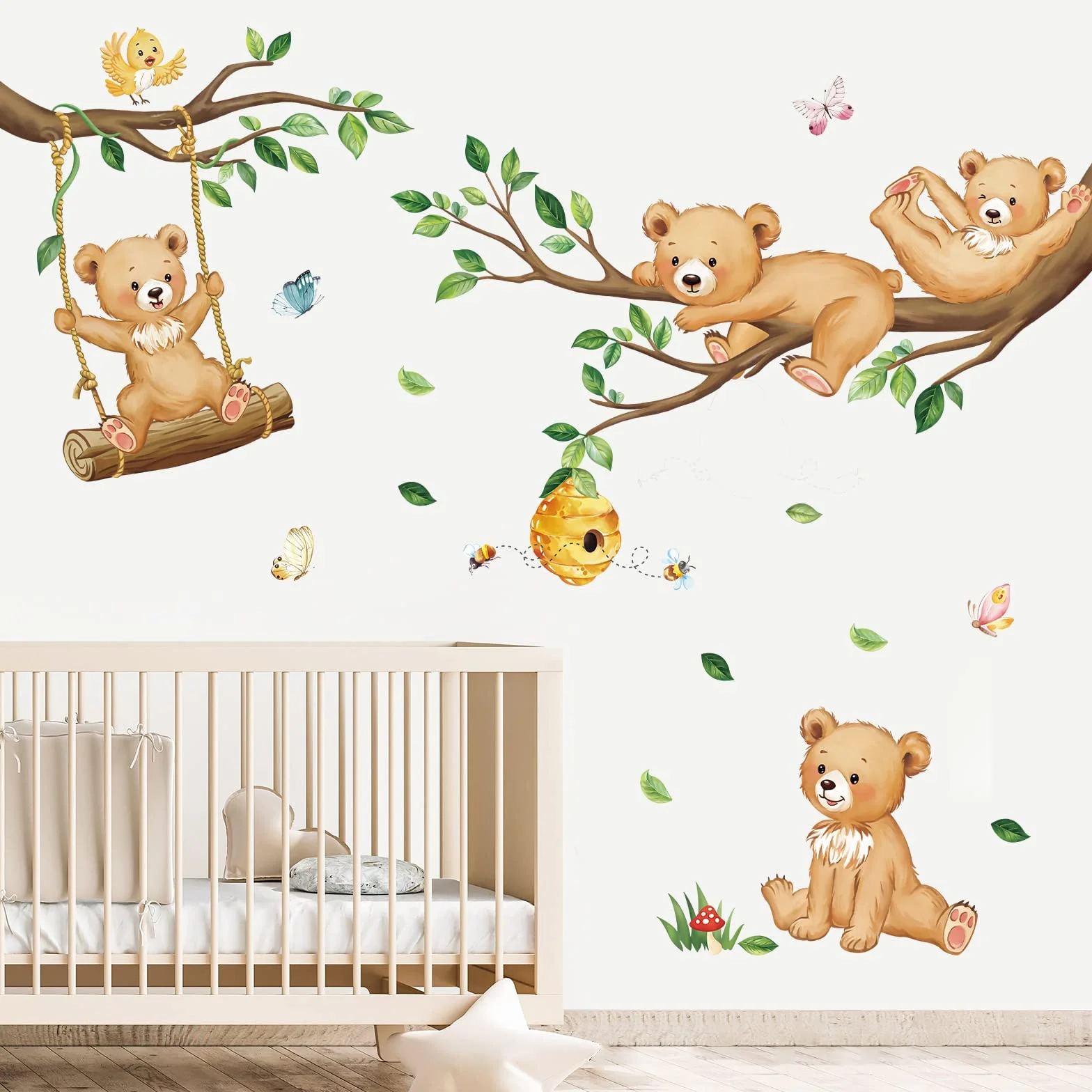 Decalmile Autocollant Mural Animaux Forêt Ours Branche Arbre Vertes Décoration Murale Chambre Enfants