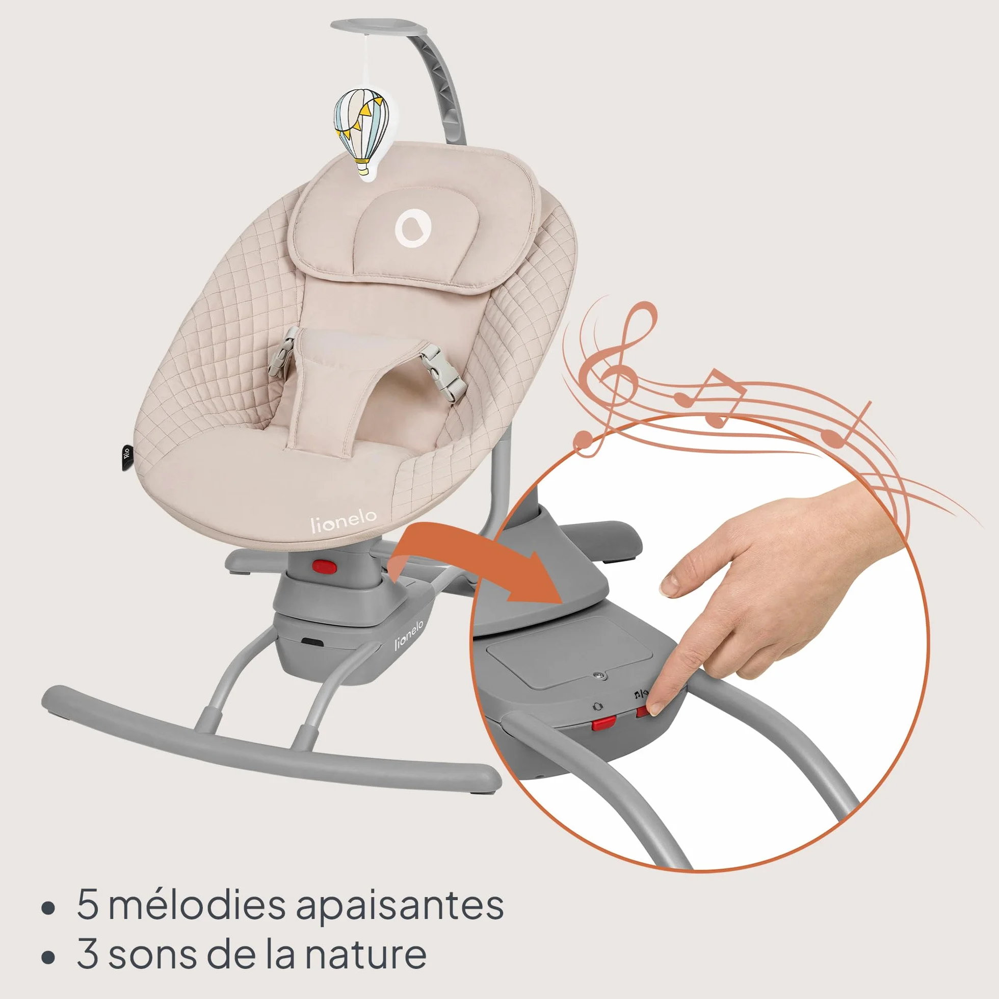LIONELO RIO Transat Balancelle Électrique Bébés 9 kg Dossier Réglable 3 Vitesses Balancement