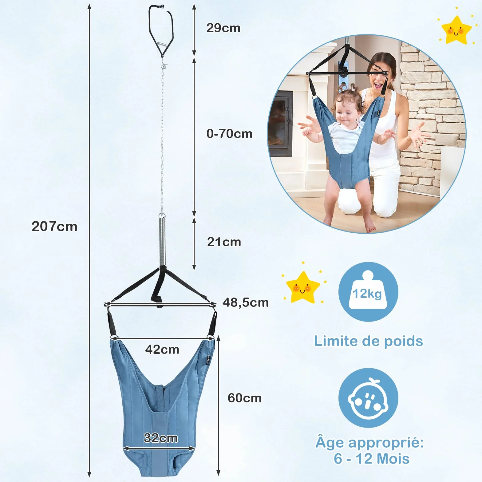 COSTWAY Sauteur de Porte Bébé 6-12 Mois, Siège Suspendu Chaîne Réglable 29-93 cm, Tissu TC Tube Fer, Charge Max 12KG, Bleu