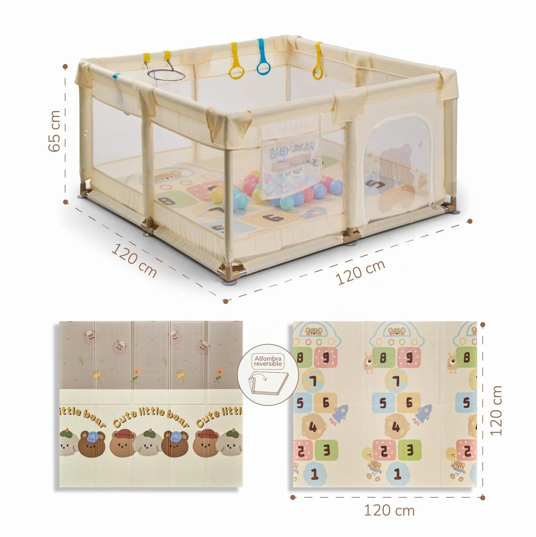 Buddy Baby Park Parc Enfant Bébé 120x120cm Pliable avec Maille Respirante Porte Latérale Vanille