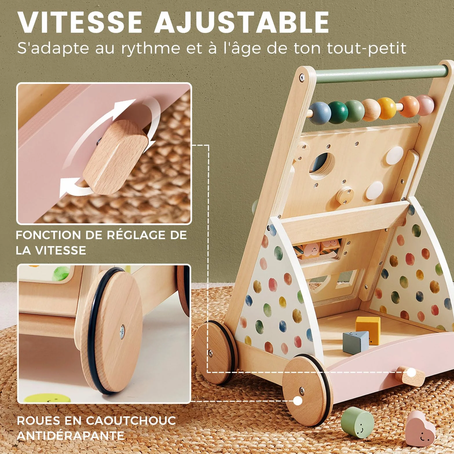 Tiny Land Trotteur en bois pour bébé - Aide à la marche avec vitesse réglable - Déambulateur et centre d'activité
