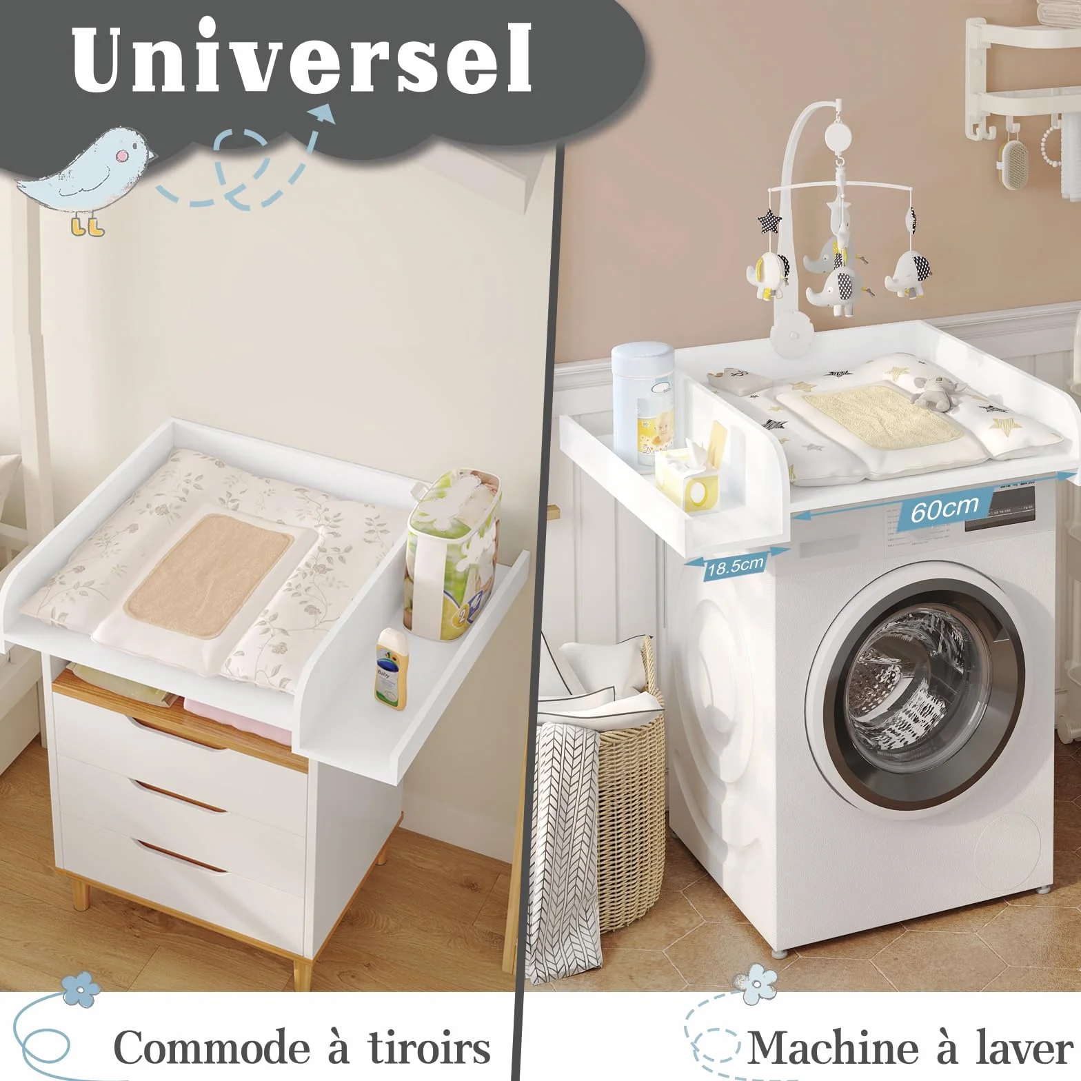 WOLTU Plan à langer pour machine à laver ou sèche-linge, table à langer bébé avec rebord de protection, 80 x 70 x 16,5 cm, blanc