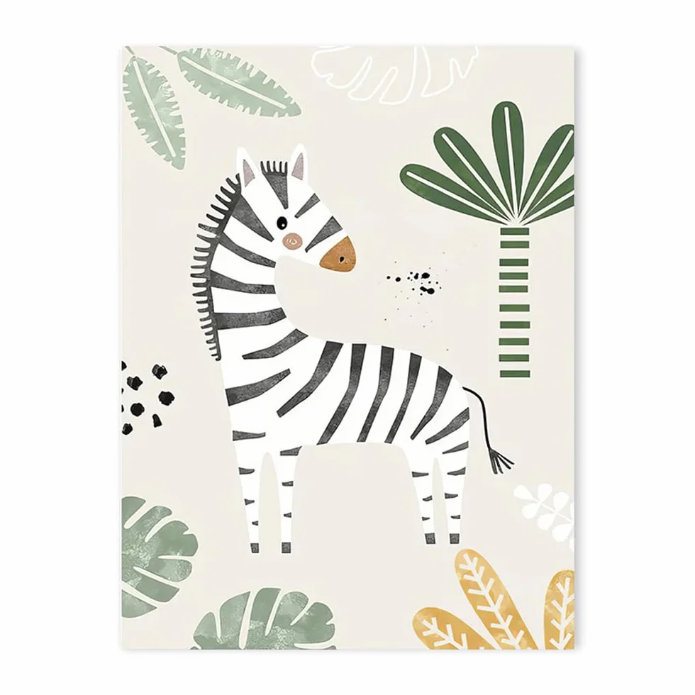 Affiches Animaux Jungle Lion Girafe Zebre Tableau Savane Deco Chambre Bebe Garcon Vert Beige Poster 30x40 sans Cadre