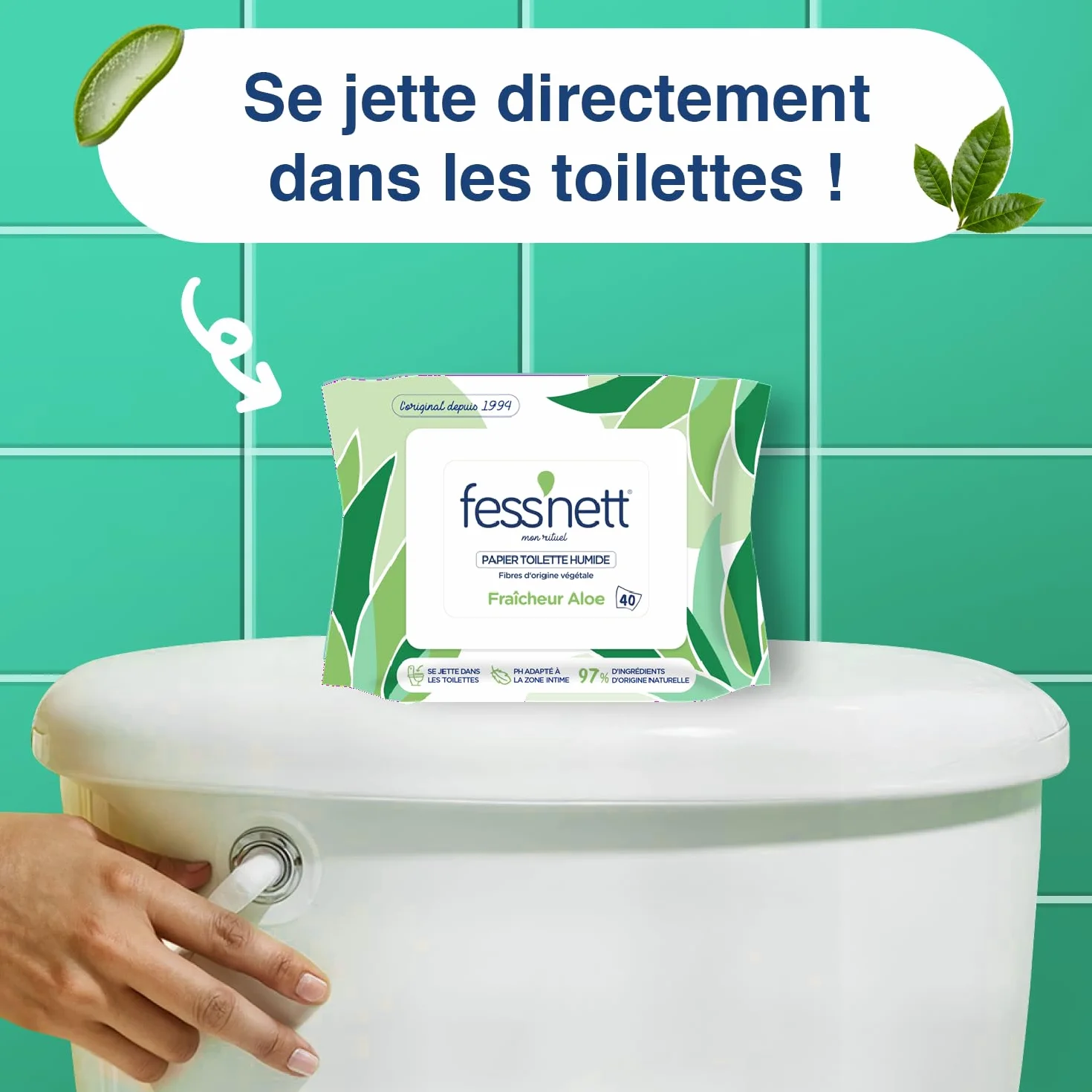Papier Toilette Humidifié Vert Aloe 40 Feuilles 100% Fibres Végétales PH Neutre Sans Parfum