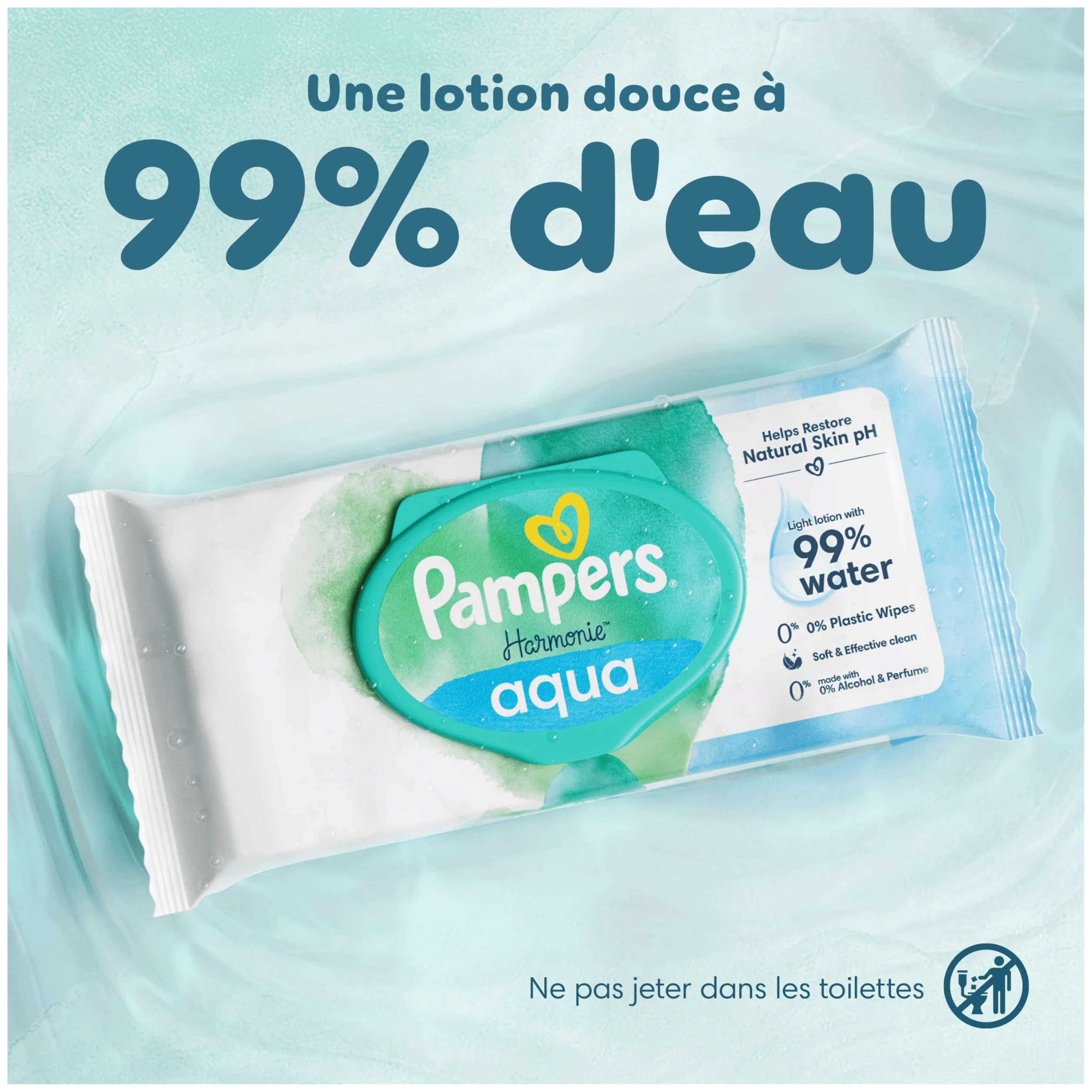 Pampers Harmonie Aqua Lingettes pour Bébé 720 Pièces (15x48) Sans Platisque OEKO-TEX Protection Peau Délicate 99% Eau