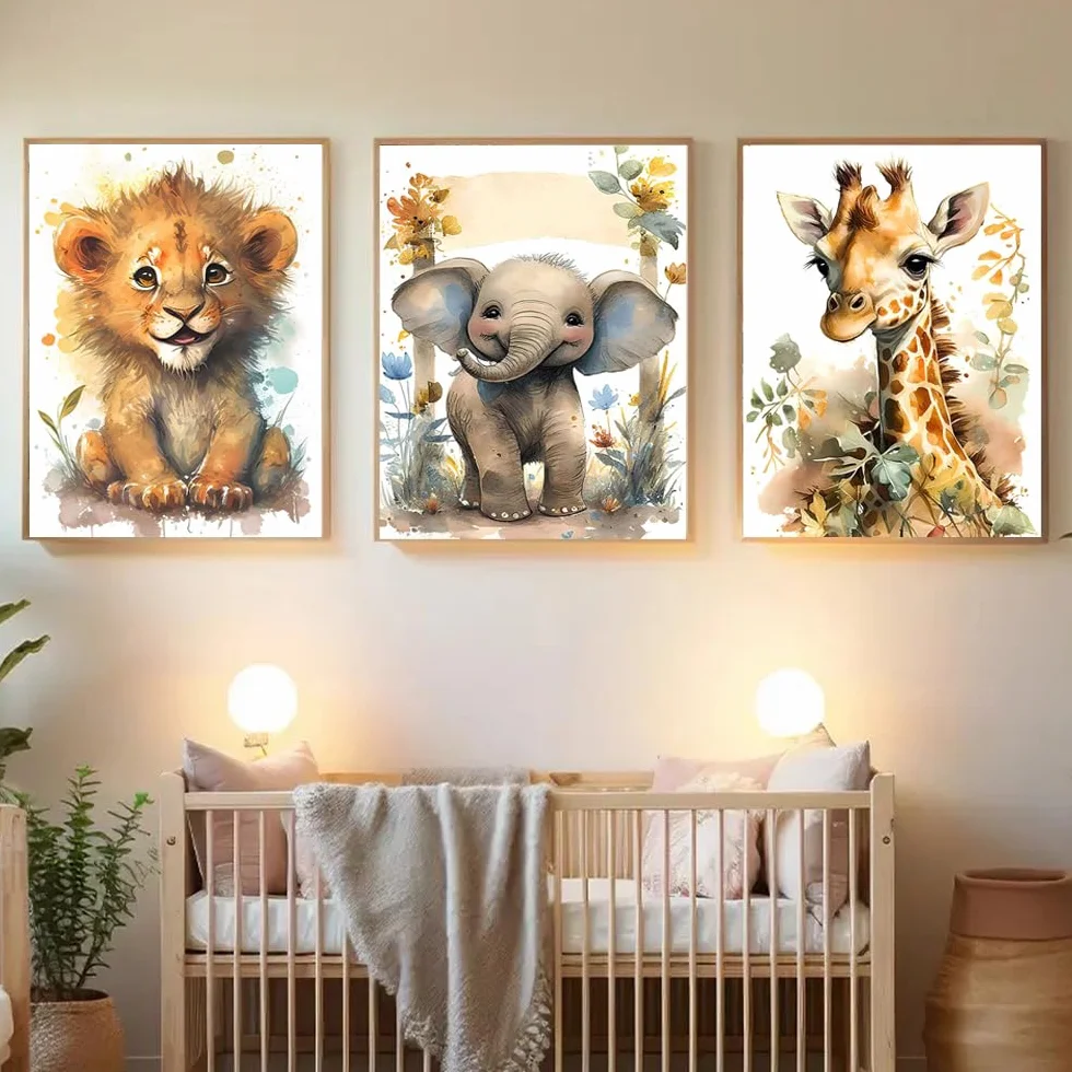 Affiches Animaux Jungle Tableau Savane Bebe Garcon Decoration Chambre Enfant Lion Girafe Poster 30x40 Toile Boho sans Cadre