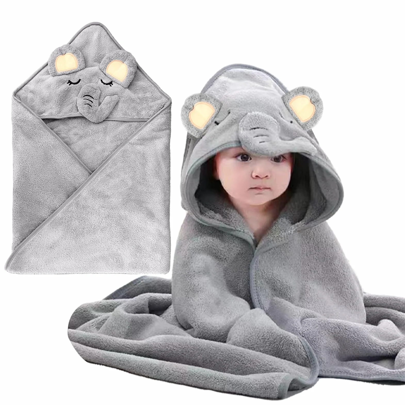 Serviette de Bain Bébé avec Capuche 80 x 80 cm Design Éléphant Gris