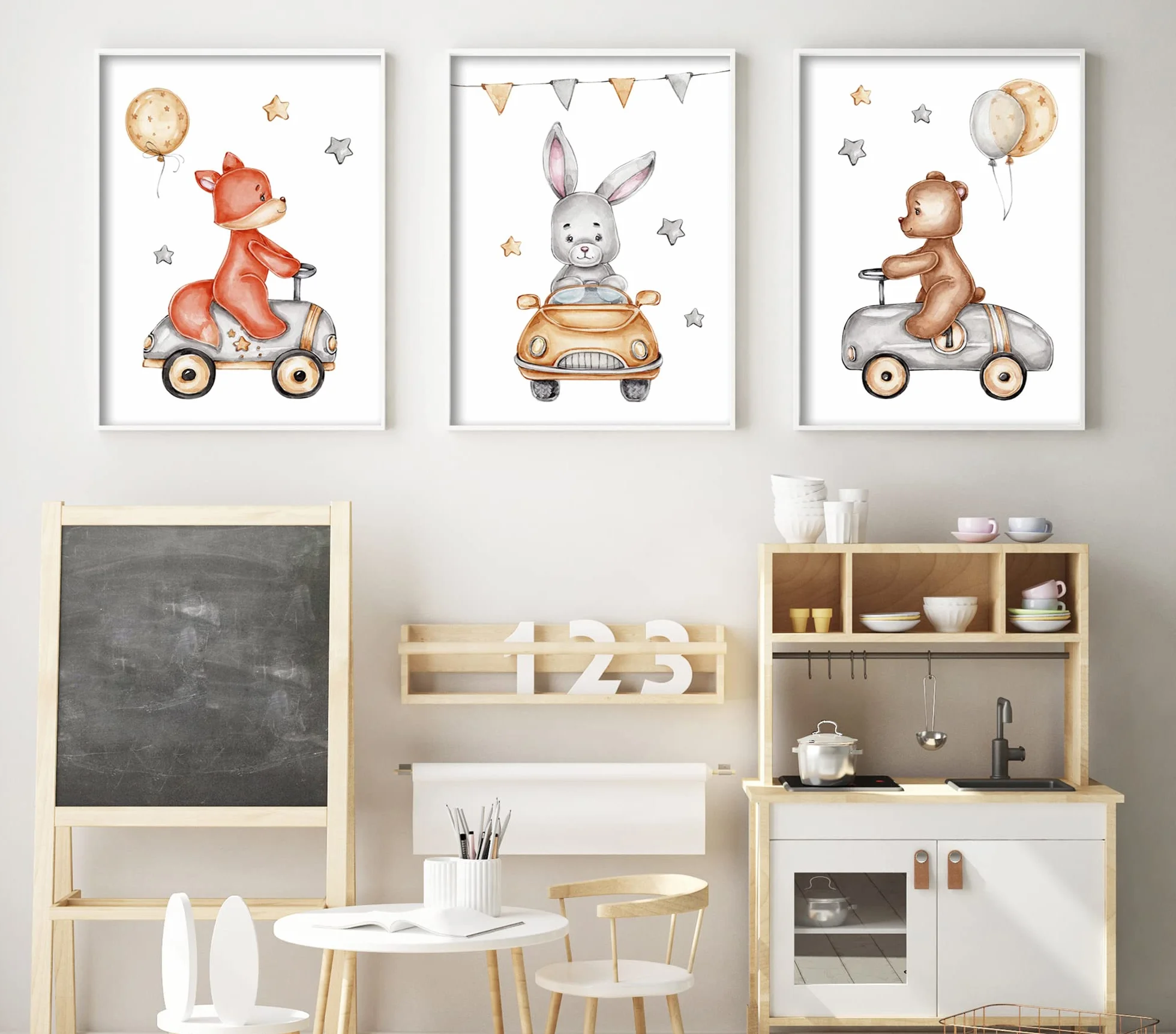 Affiche Decoration Murale Enfant 30x40 cm 3 Tableaux Poster Mural Animaux en Voiture