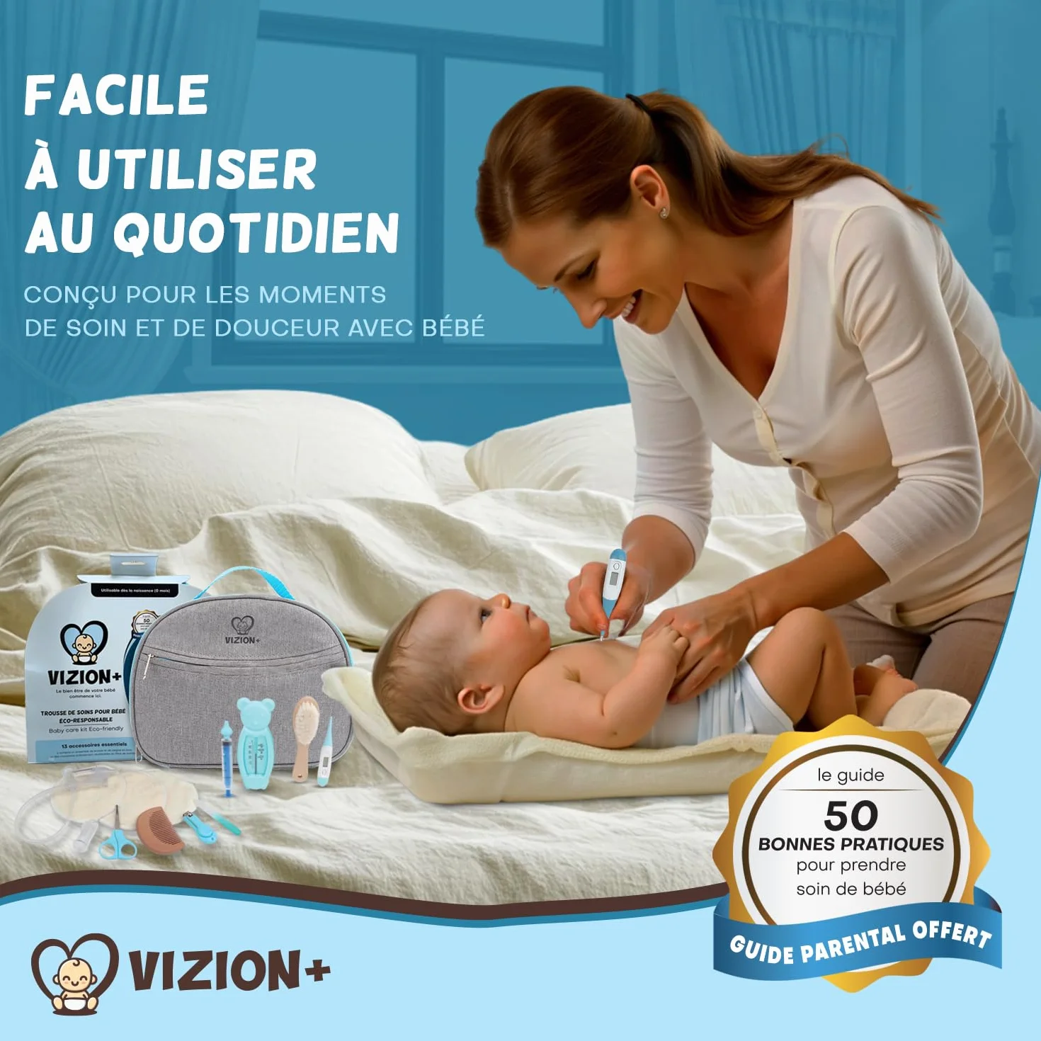 VIZION+ Trousse de Soin bébé Kit Naissance 13 Accessoires Brosse Peigne Bois Coussinets Allaitement Bambou