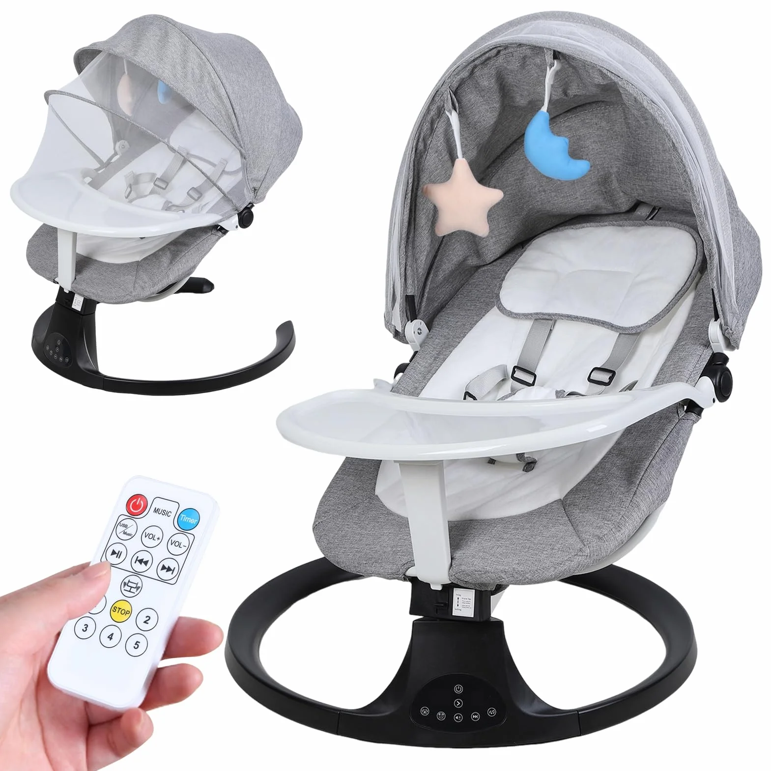 Transat Bébé Évolutif Balancelle Électrique Bluetooth Télécommande Harnais 5 Points Mouvement Up-Down Pare-Soleil 0-24