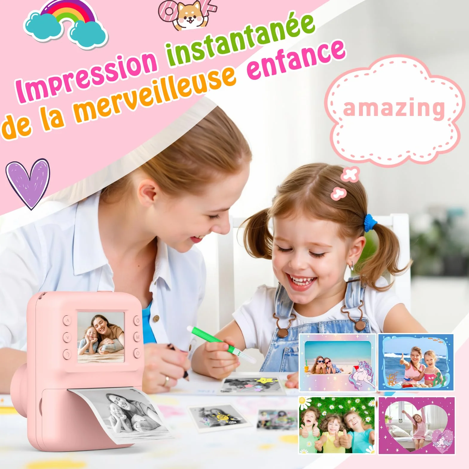 Appareil Photo Instantané Enfant avec Papier d'Impression & Carte 32GB, Écran 2.4'' HD, Vidéo 1080P, Selfie & Jeux