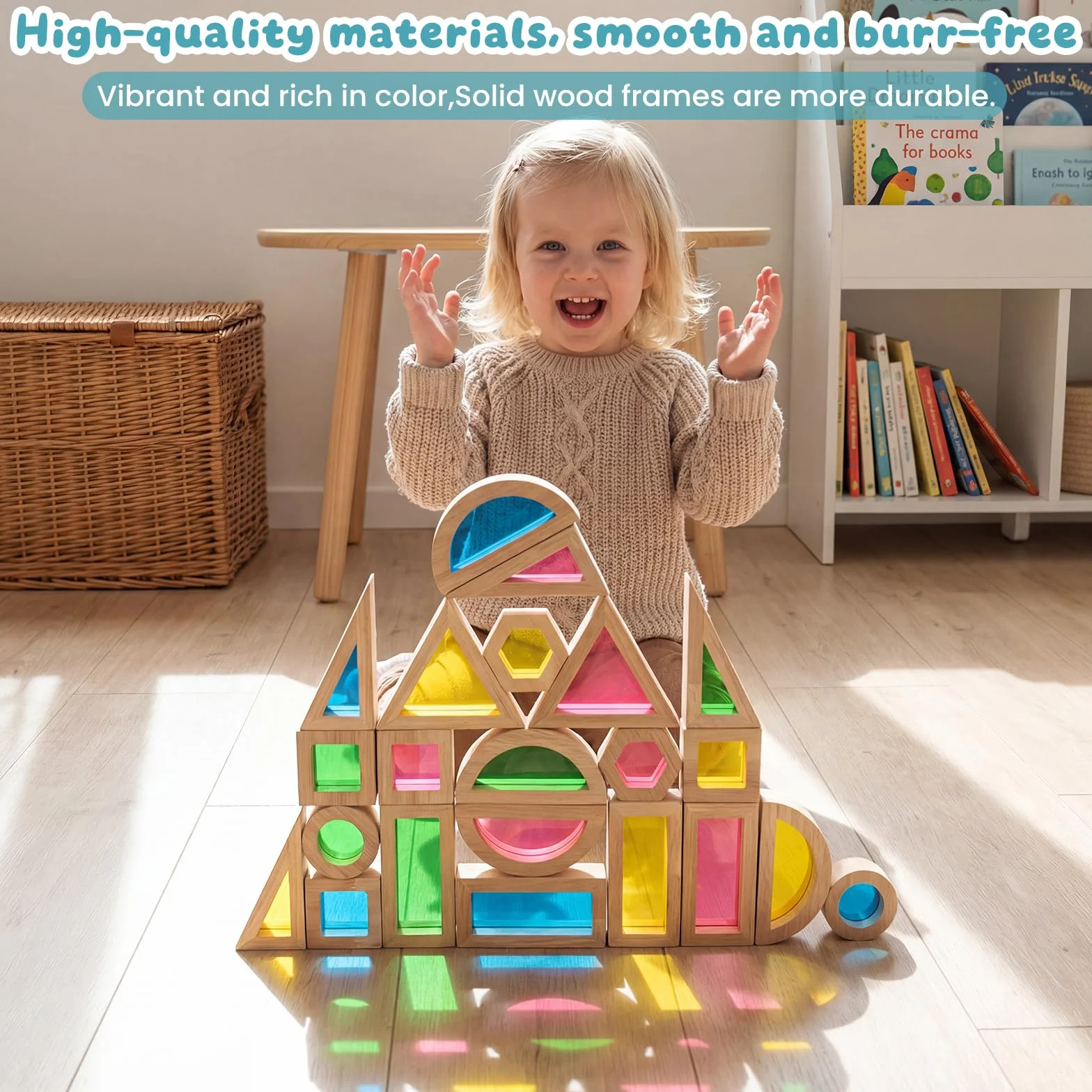 WOODENFEN 32 Pièces Blocs de Construction Arc en Ciel Acryliques Montessori Jouet pour Enfants en Bois