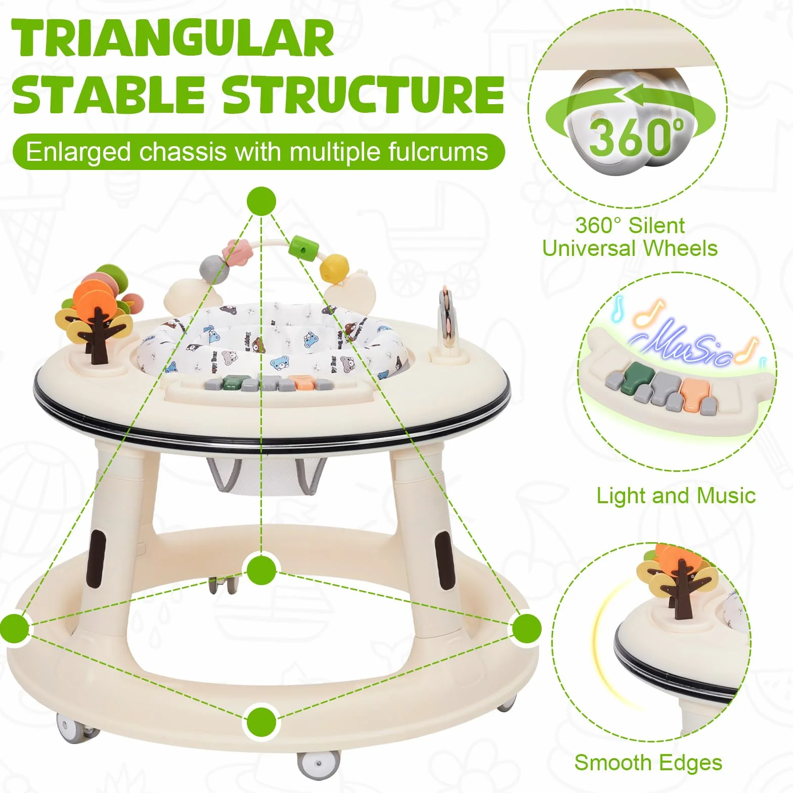 Trotteur Bébé Réglable en Hauteur avec Siège Pivotant 360°, Babywalker Roues Silencieuses, Plateau Activités Musical Amovible, Anti-renversement 9-18 Mois