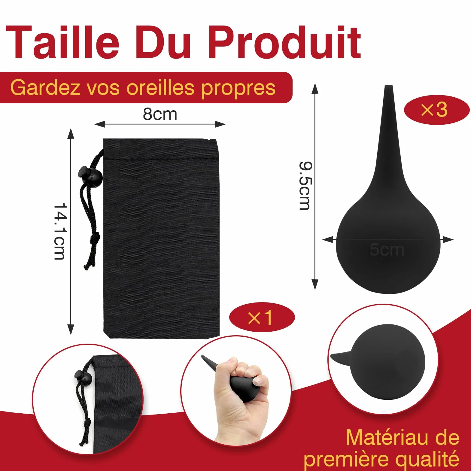 Poire Lavement Oreilles Nettoyage Oreille Bouchon Adulte Enfant Sac Tissé Poire Effilée Seringue Noir